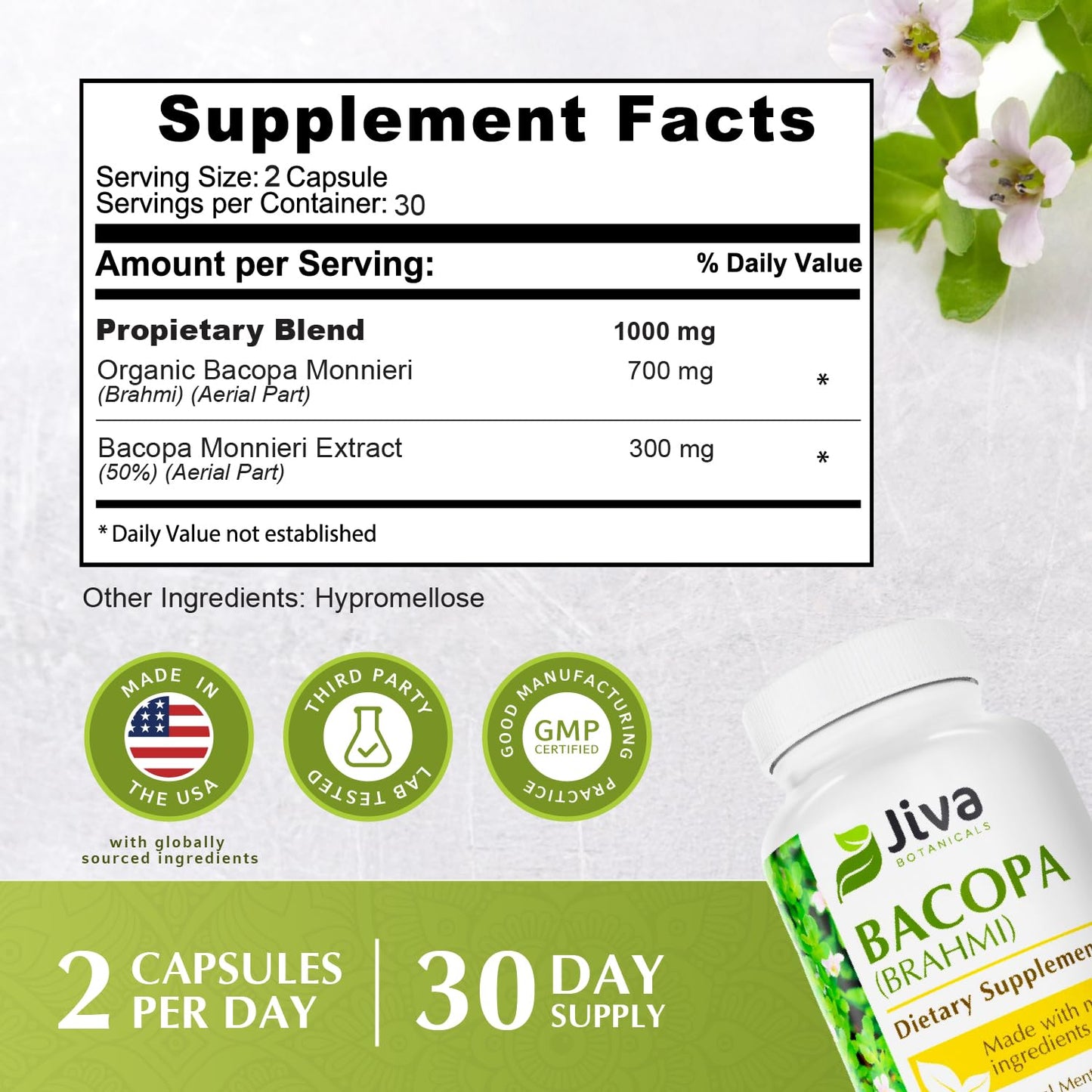 Bacopa Monnieri Brain Boosting Herb 🧠 Pure 1000mg per Serving - High Potency Bacopa Monnieri (Brahmi) Decalcify & Activate Pineal Gland 👁️ Memory Support - Ayurvedic Herbs - 60 Capsules