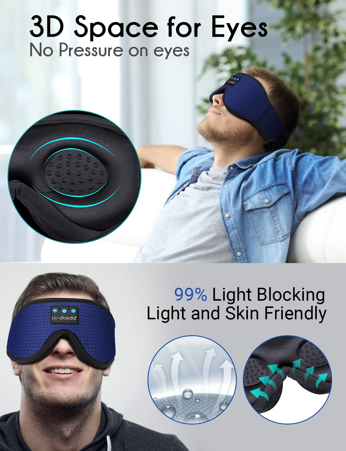 Lucid Dreaming Sleep Headphones, 3D Sleep Mask Bluetooth Wireless Music Eye Mask, Sleeping Headphones for Side Sleepers Sleep Mask with Bluetooth Headphones Ultra-Thin Stereo Speakers Perfect for Sleeping