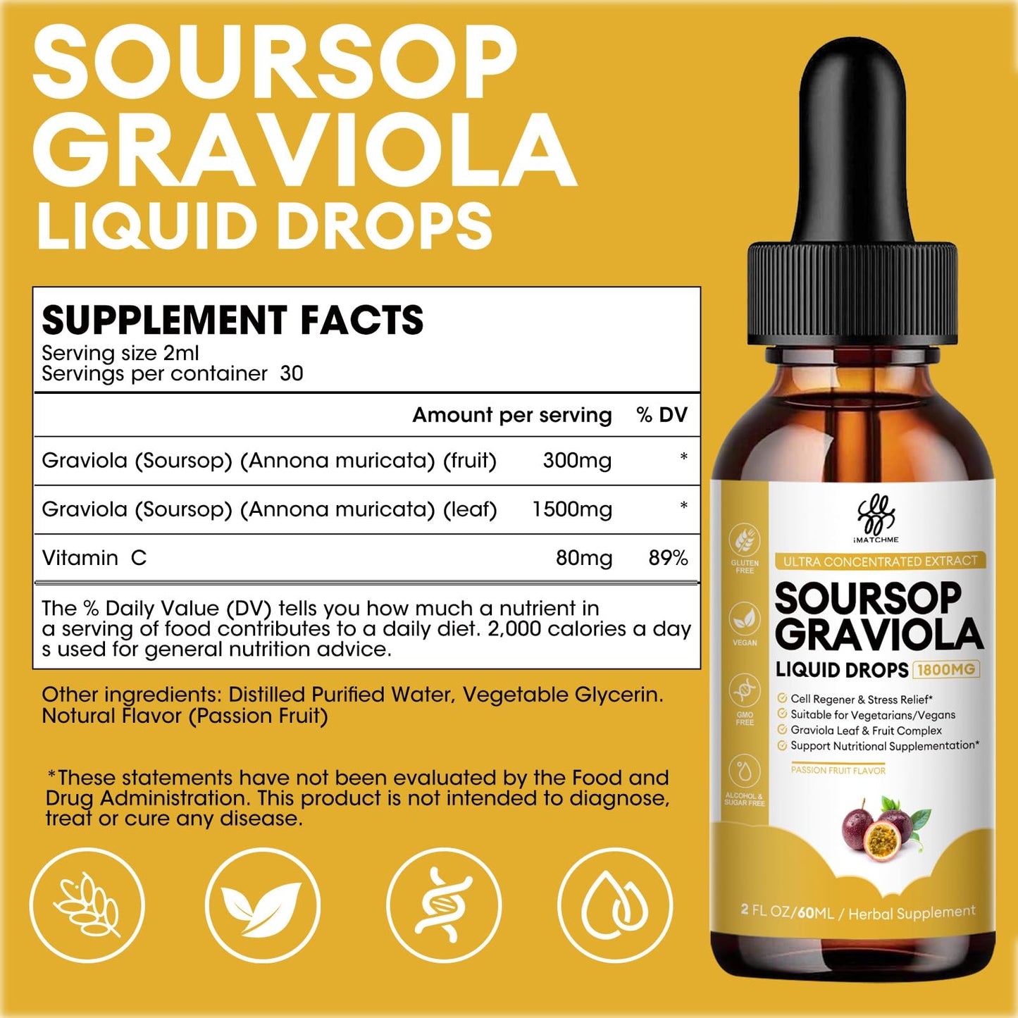 iMATCHME Soursop Graviola Liquid Drop for Cell Support & Regeneration, Immune Boost, Relax, Liver and Sleep, Soursop Bitters Liquid, Herbal Goodness, Sugar/Gluten Free, Natural Flavor, 2 Fl Oz