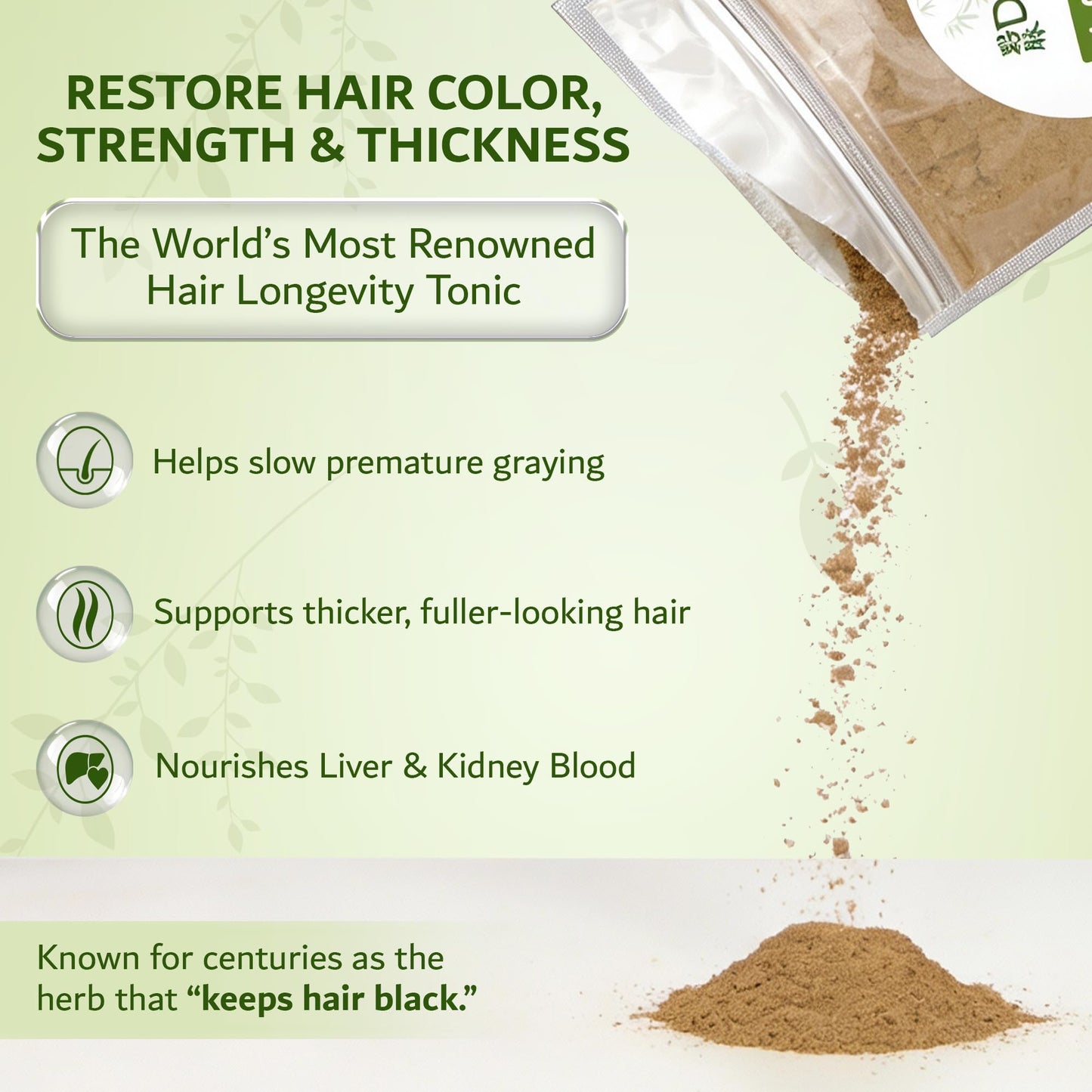 Polygonum Multiflorum He Shou Wu Powder (Fo-Ti Root)- Traditional Edible Black Bean Cured Tonic for Hair Thickness, Graying & Vitality- (4oz) For Hair Growth