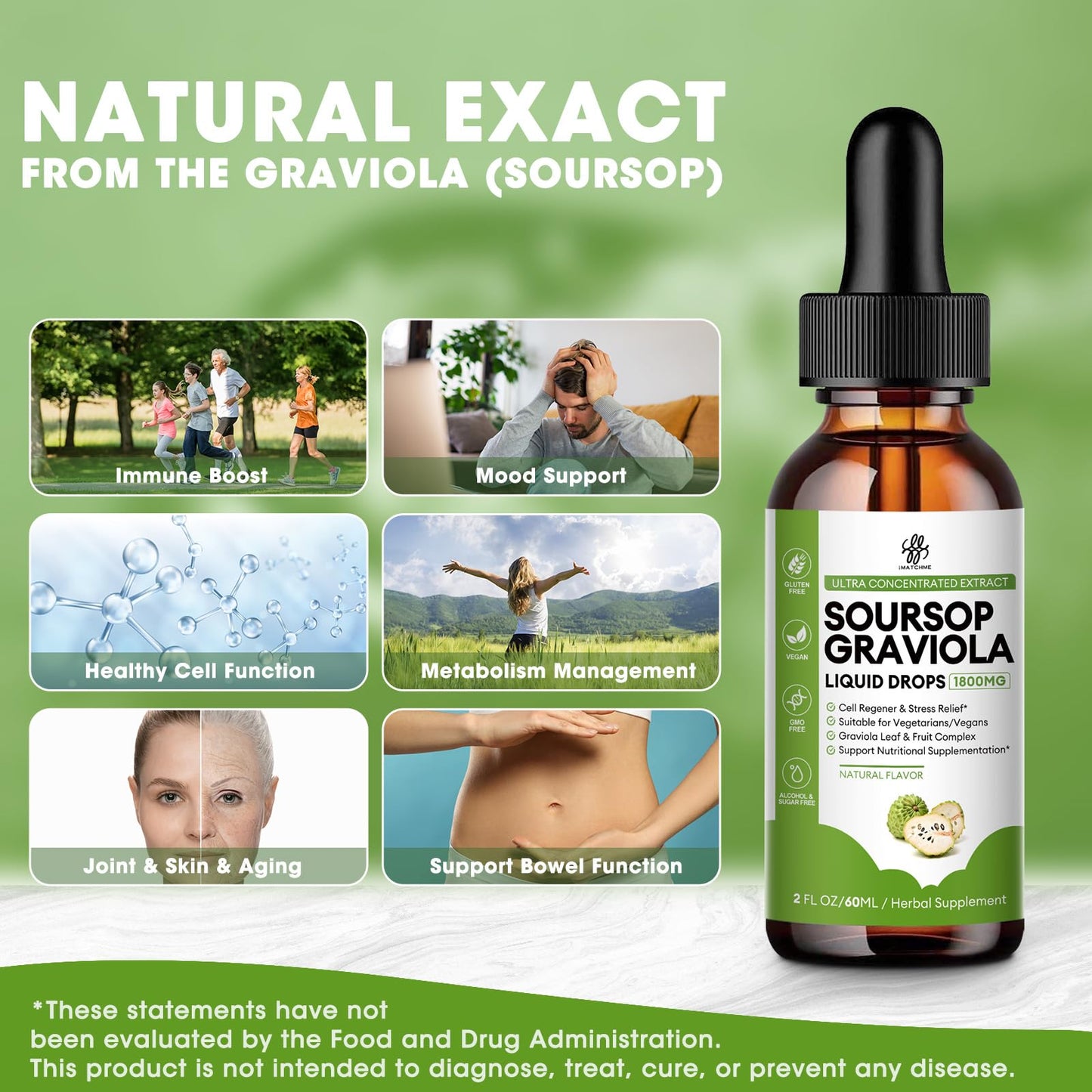 iMATCHME Soursop Graviola Liquid Drop for Cell Support & Regeneration, Immune Boost, Relax, Liver and Sleep, Soursop Bitters Liquid, Herbal Goodness, Sugar/Gluten Free, Natural Flavor, 2 Fl Oz