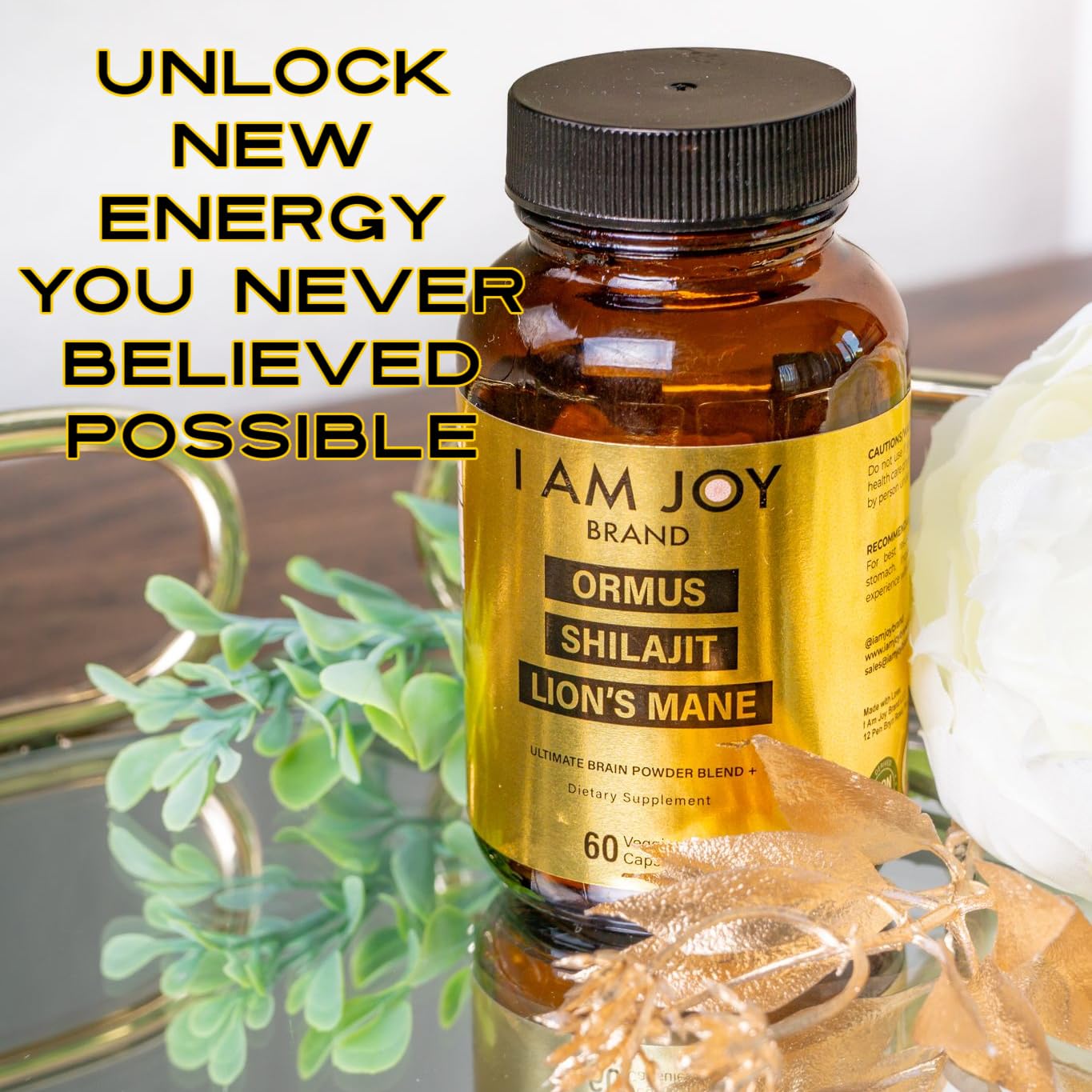 I Am Joy co. Ormus Shilajit Lion's Mane - Ultimate Brain Power! Monoatomic 24k Gold - The Only Blend of Its Kind for Energy, Memory, & Focus - 60 Vegan Capsules in Eco Friendly Glass