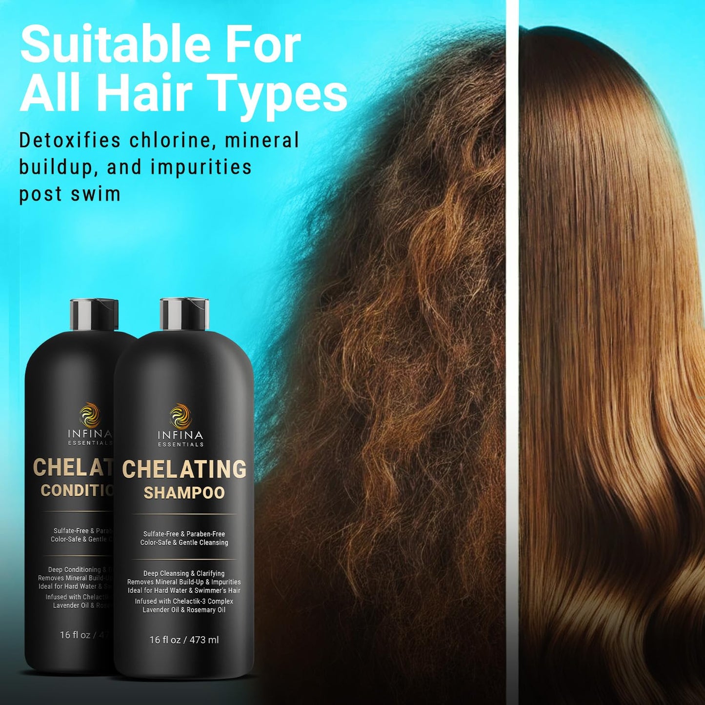 INFINA ESSENTIALS Remove Toxic Metals From Hair Chelating Hard Water Shampoo with Chelactik-3 & Rosemary Oil - Color Safe Metal Detox Shampoo for Build-Up & Swimmers Hair - 16 fl oz