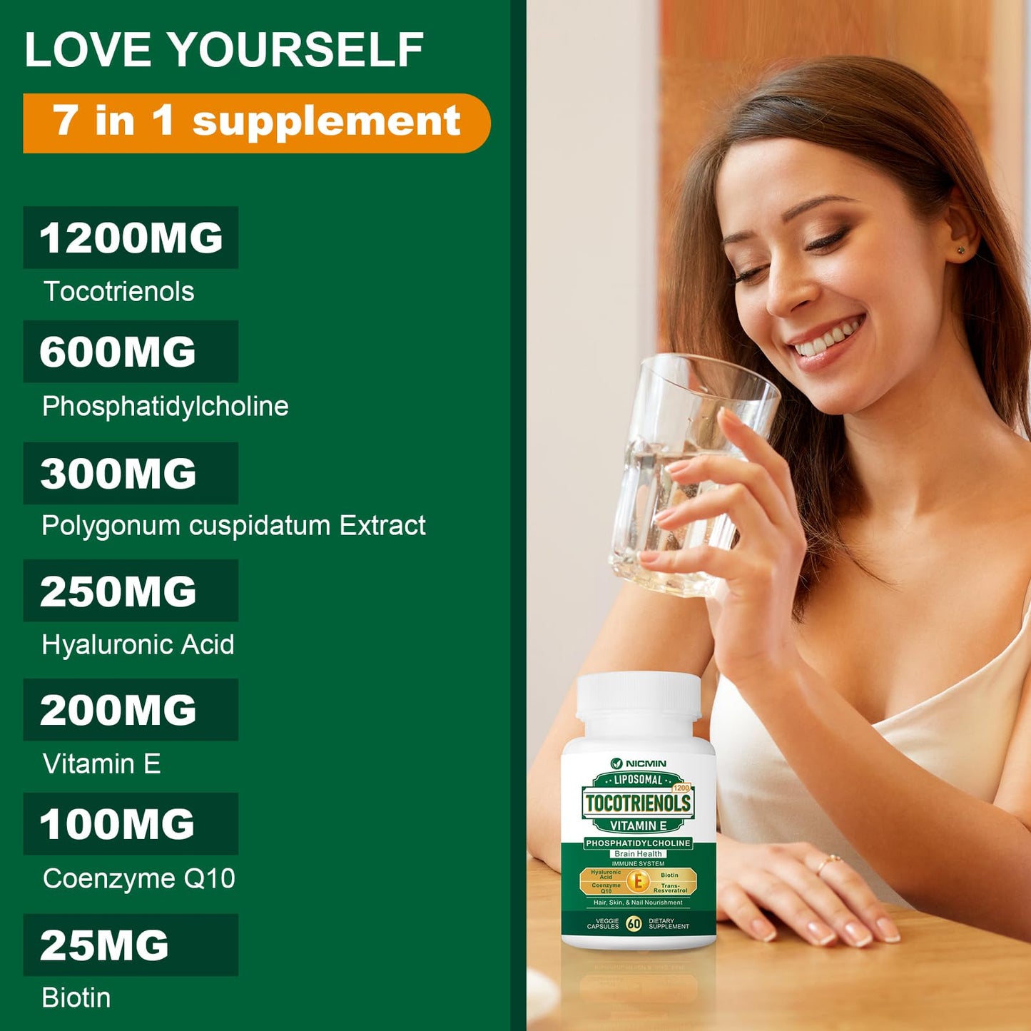1200MG Vitamin E Tocotrienols Liposomal Tocotrienols Supplement with Phosphatidylcholine, 95% Delta-tocotrienols and 5% Gamma-tocotrienols, High Absorption for Heart, Brain Function 60 Capsules