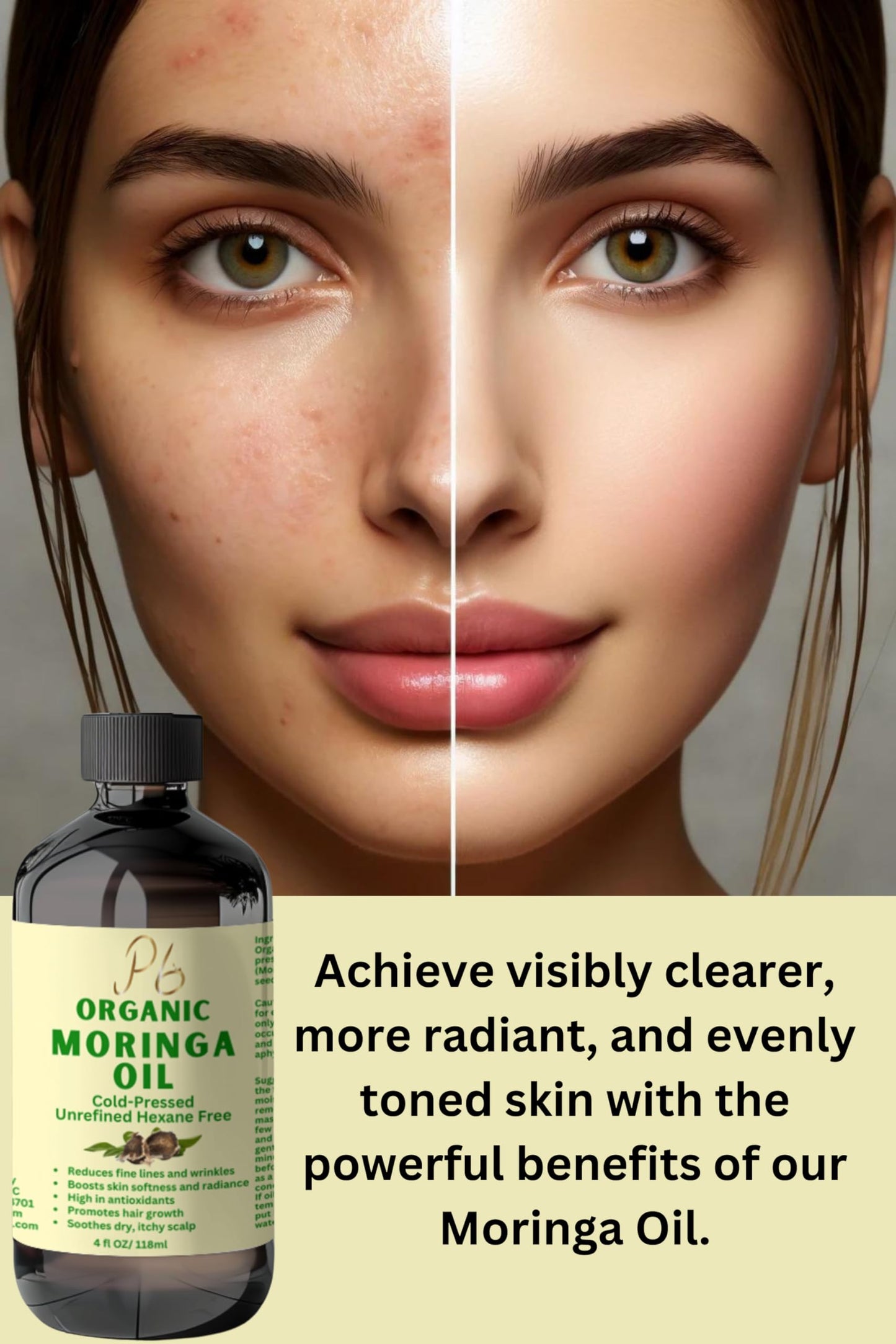 Premium Organic Cold-Pressed Moringa Oil, Unrefined & Nutrient-Rich for Skin, Hair & Body, Anti-Aging, Oil, Natural Moisturizer 4 fl Oz in Amber Glass Bottle.