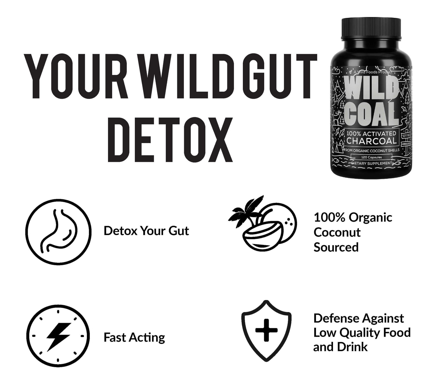 Wild Foods Activated Charcoal Capsules | 100% Organic Coconut Shells Active Tablets for Bloating & Hangover | Lab Tested & Non-GMO Detox Pills | Made in USA (120 Capsules)