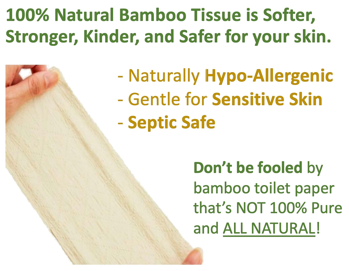 100% Bamboo, thick 3-ply toilet paper, tree-tree, unbleached, all natural, no chemicals 300 sheets per roll.