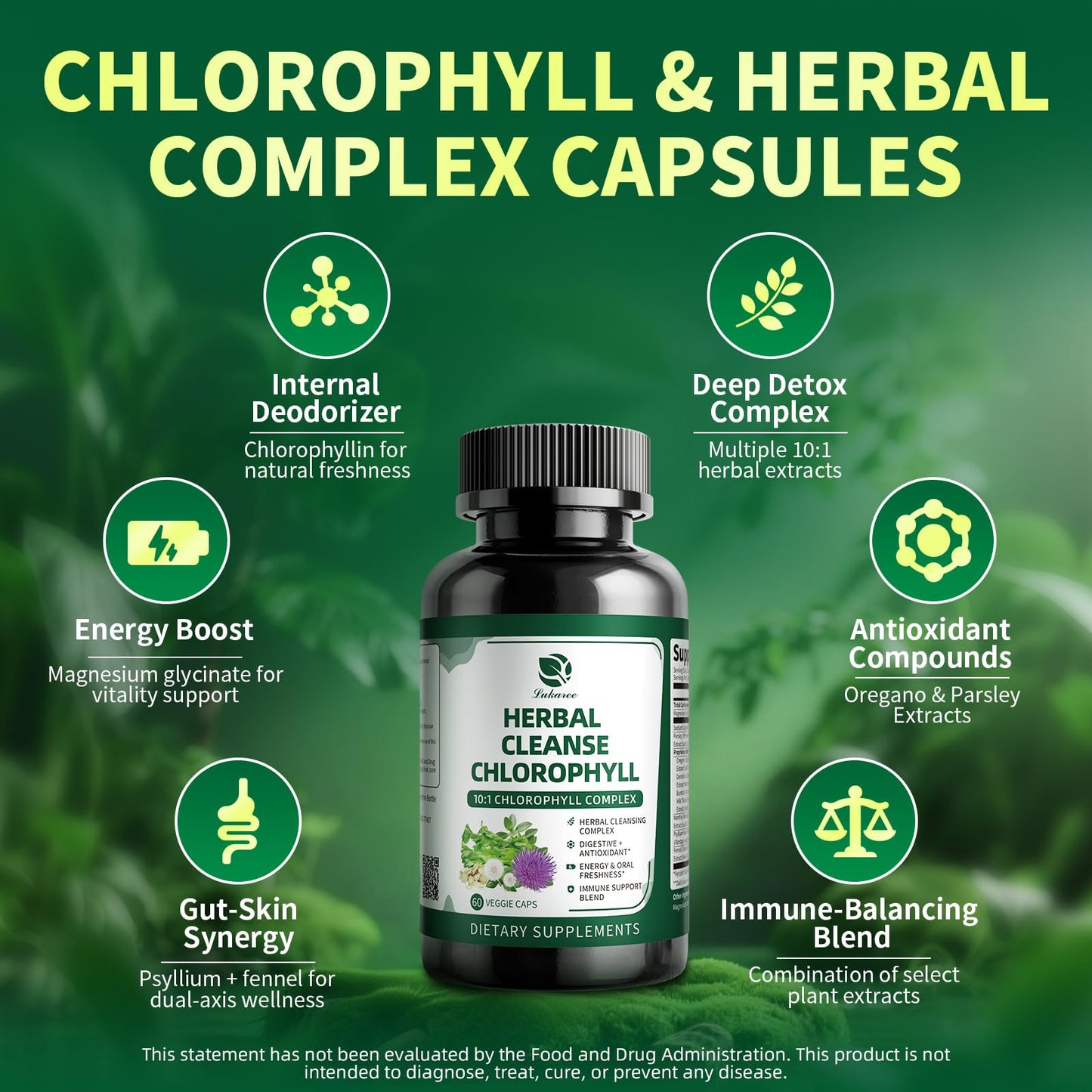Lukaree Chlorophyll Liquid Drops & Capsules Combo, Dual Action Support for Cleansing, Energy & Oral Freshness, Immune Support, Internal Deodorant, Skin & Gut Health, Vegan, Sugar-Free, 2Oz + 120 Caps
