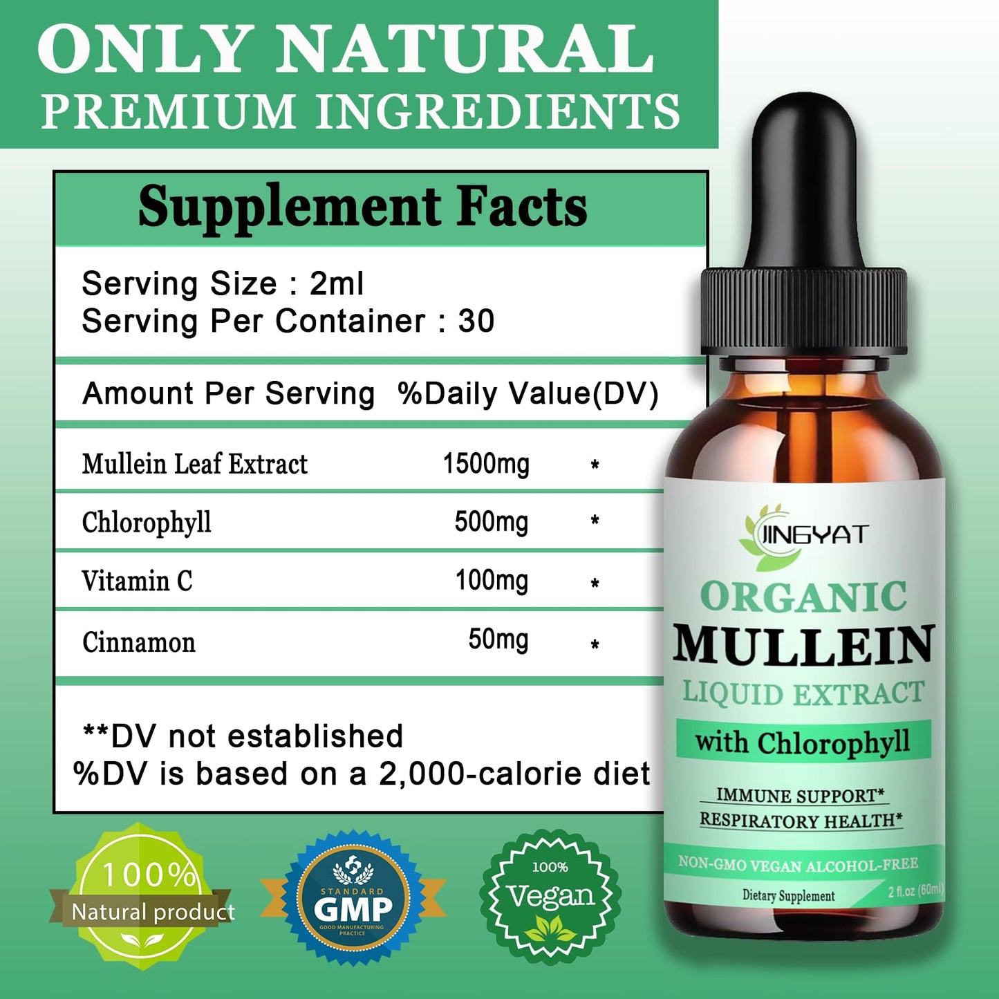 JINGYAT Mullein Drops for Lungs | Powerful Mullein Leaf Extract with Chlorophyll, Vitamin C, Cinnamon for Immune Support, Detox & Respiratory Support, Bronchial Support | Non-GMO, Kosher, Gluten-Free