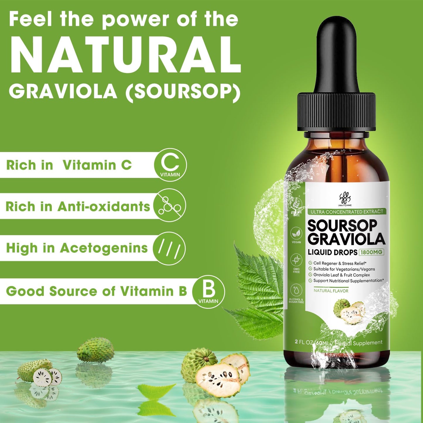 iMATCHME Soursop Graviola Liquid Drop for Cell Support & Regeneration, Immune Boost, Relax, Liver and Sleep, Soursop Bitters Liquid, Herbal Goodness, Sugar/Gluten Free, Natural Flavor, 2 Fl Oz