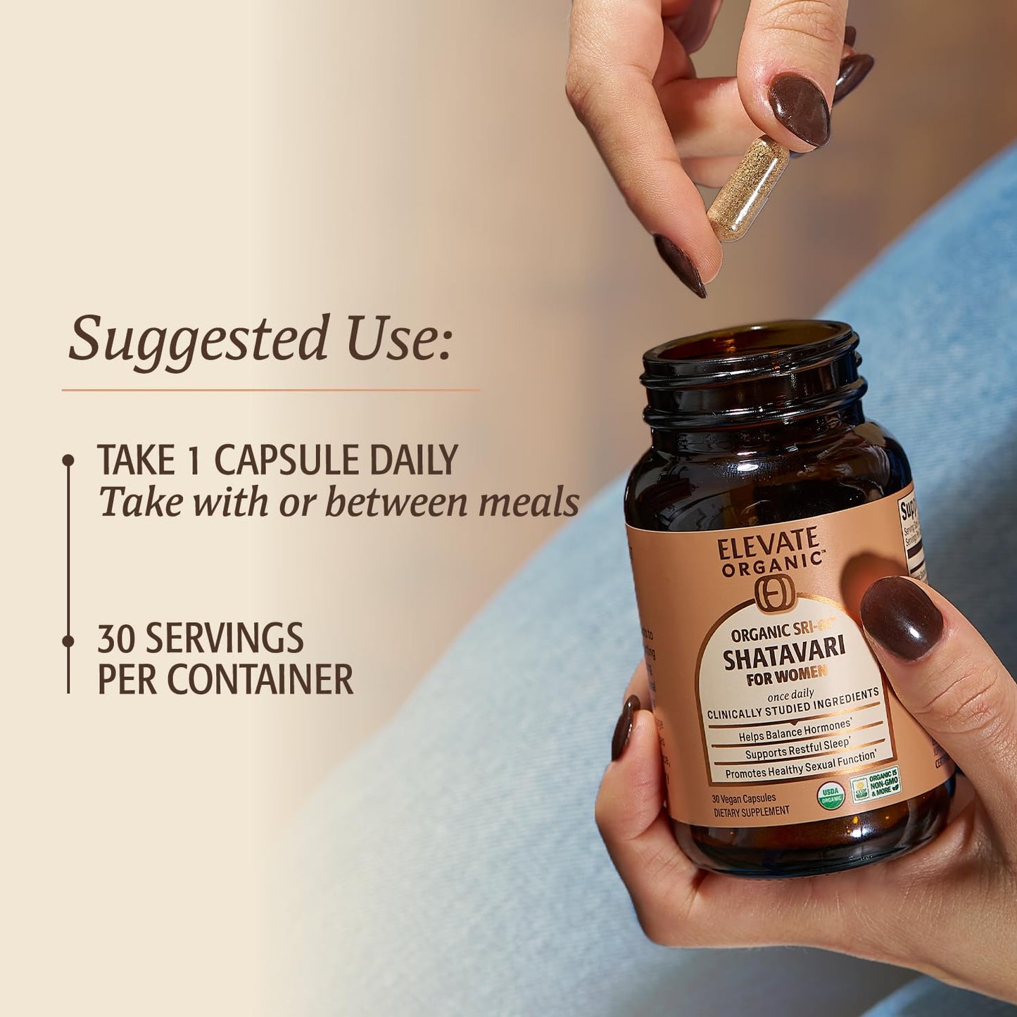 ELEVATE ORGANIC SRI-81™ Shatavari Vegan Capsules for Women, Asparagus racemosus Root Extract with Acti Veda™ (30 Servings)