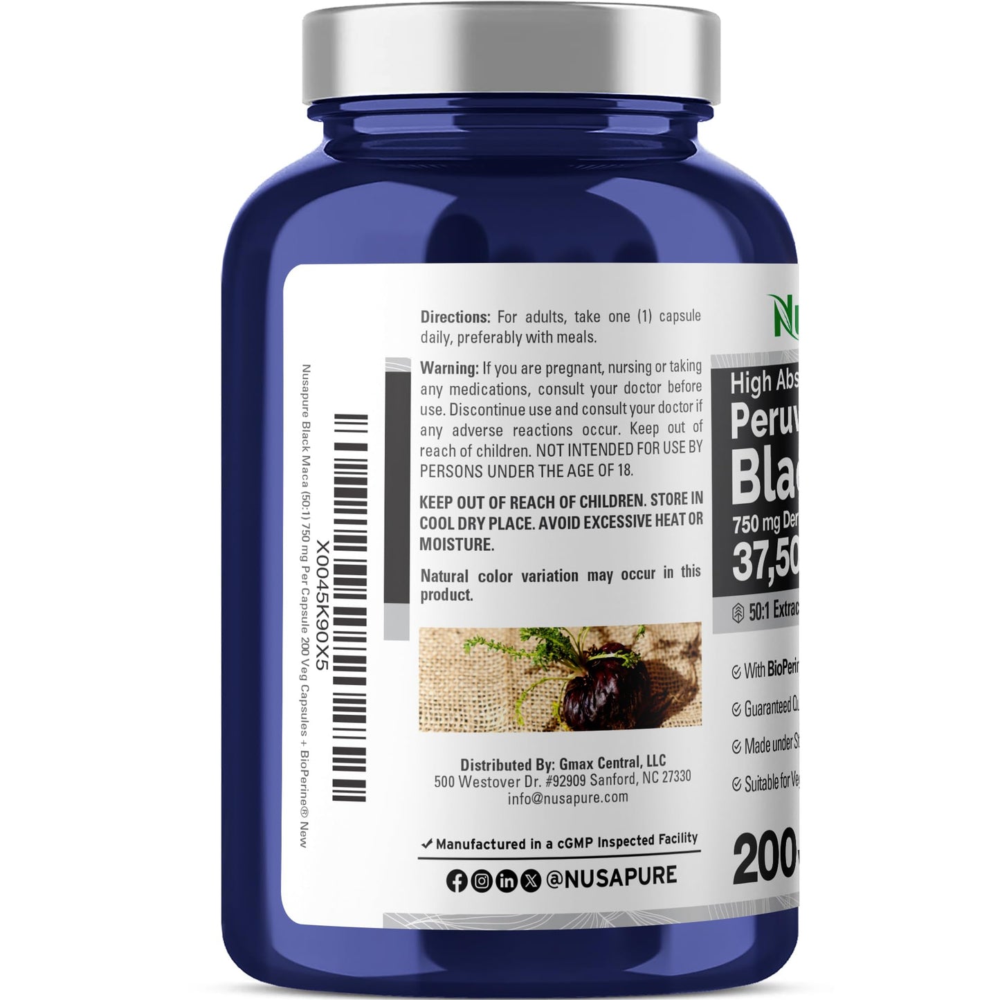NusaPure Peruvian Black Maca Root Extract 50:1 - Suitable for Vegetarian/Vegan, Non - GMO - 37500 mg - 200 Capsules