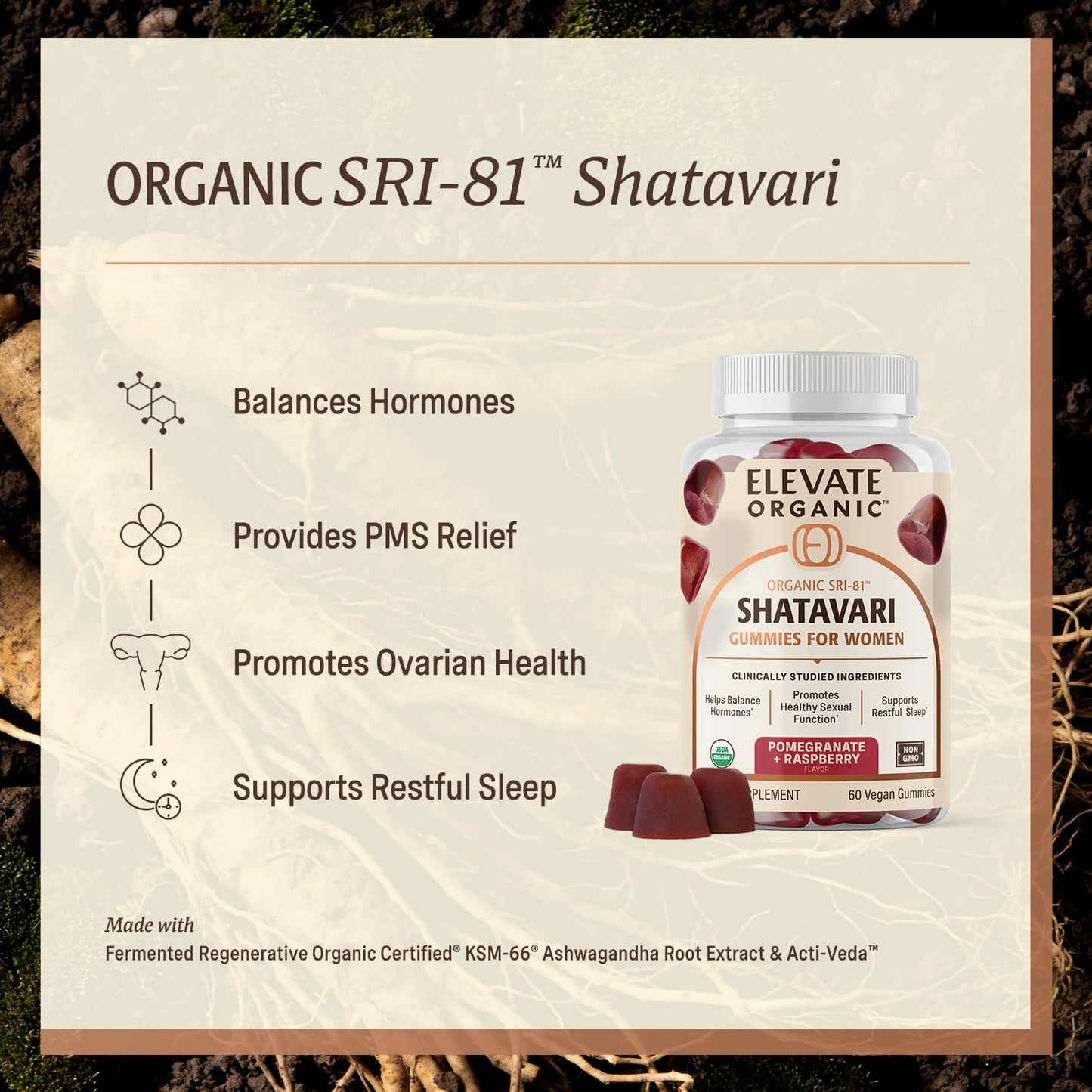 ELEVATE ORGANIC SRI-81™ Shatavari Vegan Capsules for Women, Asparagus racemosus Root Extract with Acti Veda™ (30 Servings)