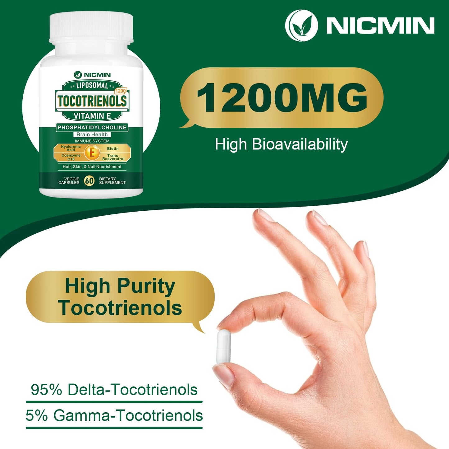 1200MG Vitamin E Tocotrienols Liposomal Tocotrienols Supplement with Phosphatidylcholine, 95% Delta-tocotrienols and 5% Gamma-tocotrienols, High Absorption for Heart, Brain Function 60 Capsules