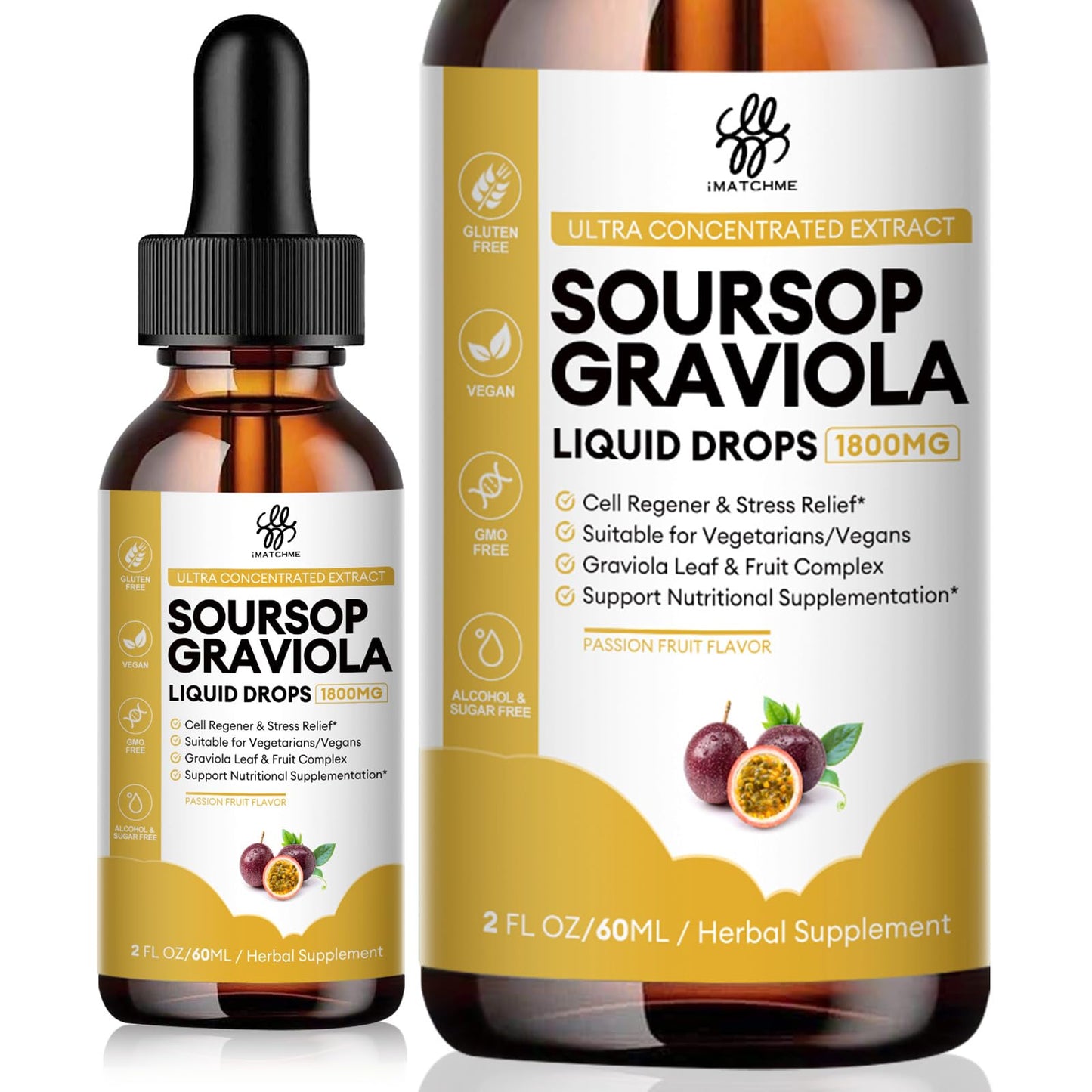 iMATCHME Soursop Graviola Liquid Drop for Cell Support & Regeneration, Immune Boost, Relax, Liver and Sleep, Soursop Bitters Liquid, Herbal Goodness, Sugar/Gluten Free, Natural Flavor, 2 Fl Oz