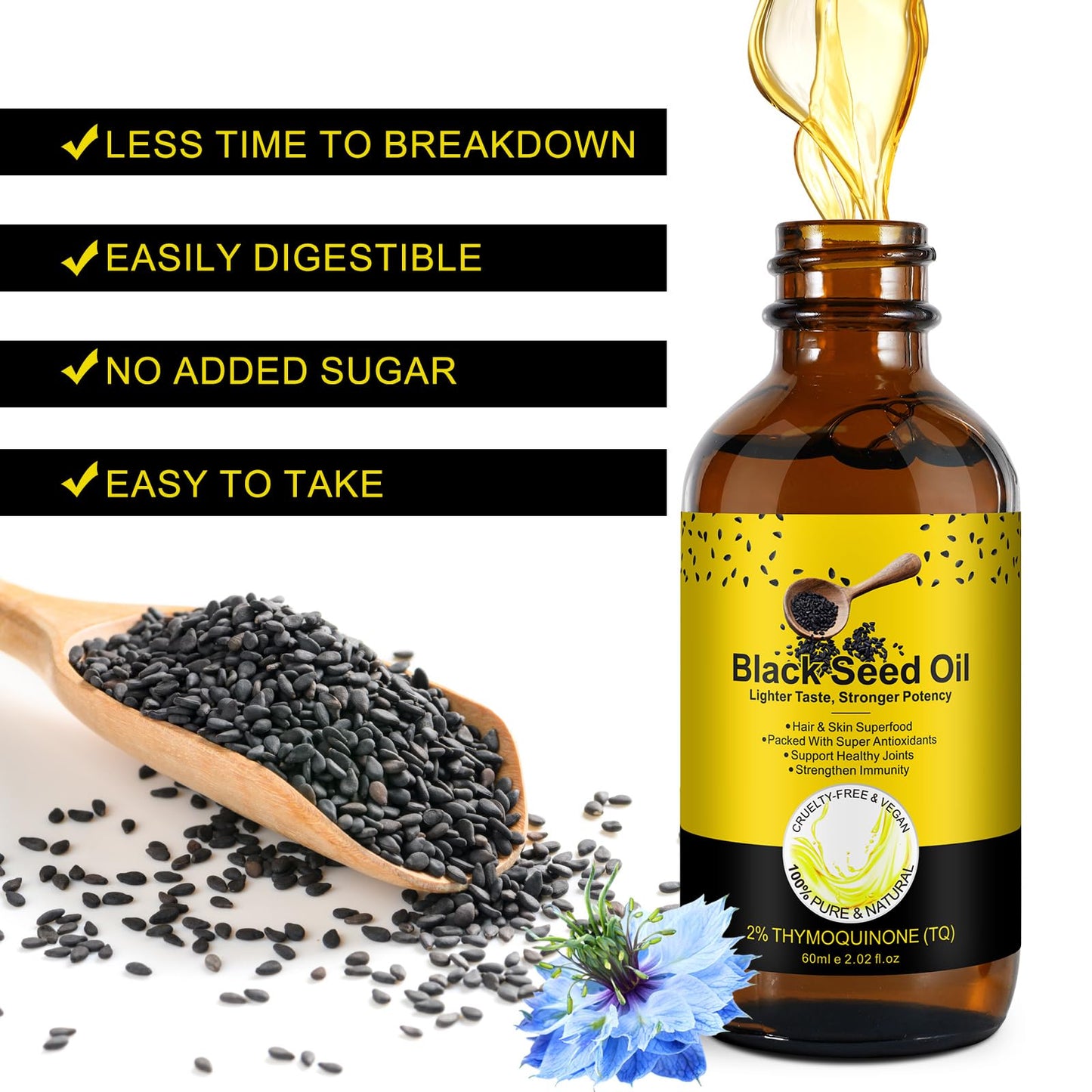 Black Seed Oil Organic Cold Pressed, 100% Pure and Natural Liquid, Enriched with High TQ & Dynamic Harmony of Omegas 3 6 9, Hair Growth, Skin Cares, Nourishes and Hydrates Hair