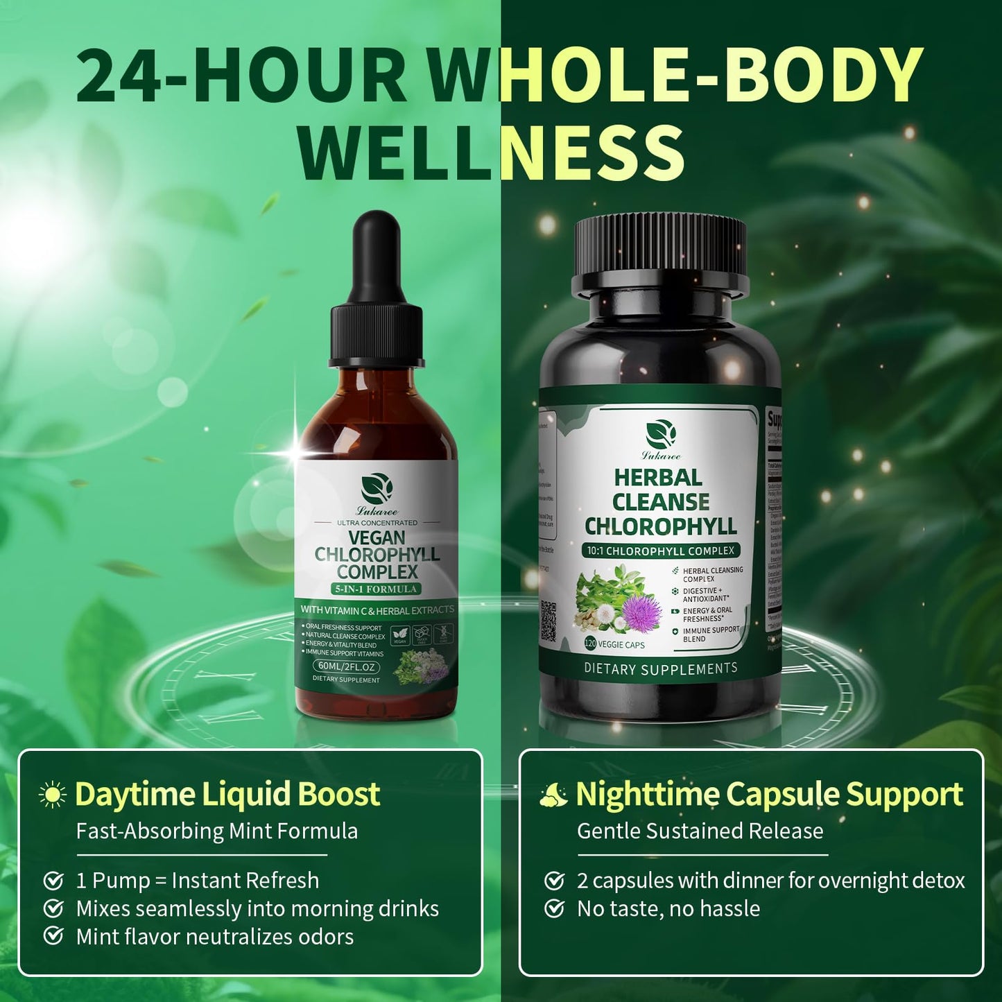 Lukaree Chlorophyll Liquid Drops & Capsules Combo, Dual Action Support for Cleansing, Energy & Oral Freshness, Immune Support, Internal Deodorant, Skin & Gut Health, Vegan, Sugar-Free, 2Oz + 120 Caps