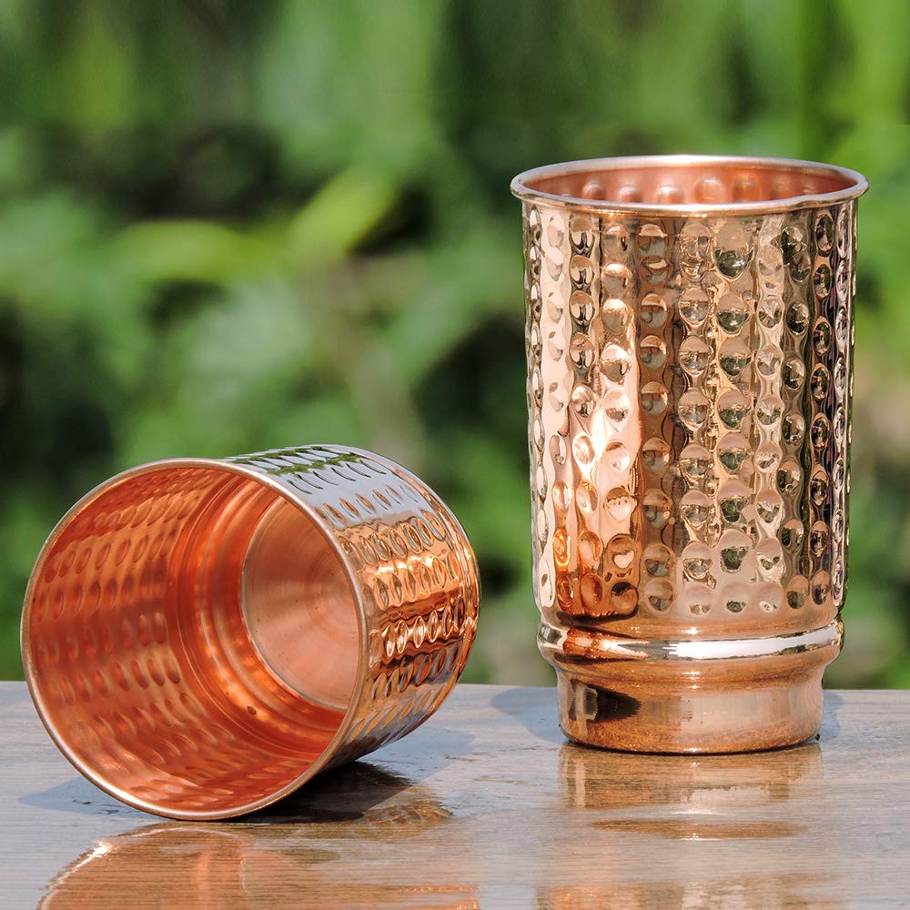 HealthGoodsIn Pure Copper Cups Set of 2 - Hammered Copper Tumblers and Copper Cups for water 11.8 oz (350 mL), Ayurvedic Copper Cups for Daily Use