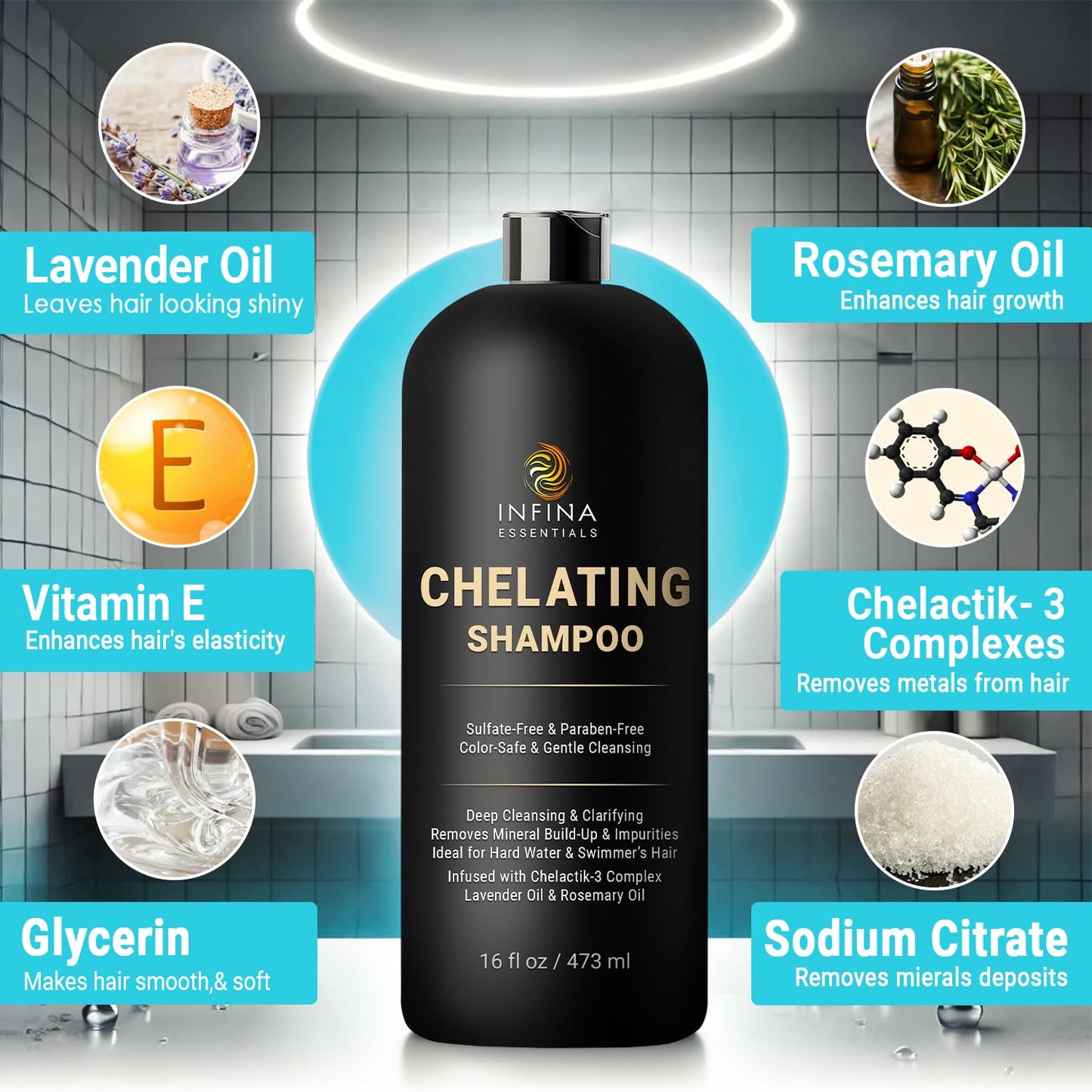 INFINA ESSENTIALS Remove Toxic Metals From Hair Chelating Hard Water Shampoo with Chelactik-3 & Rosemary Oil - Color Safe Metal Detox Shampoo for Build-Up & Swimmers Hair - 16 fl oz