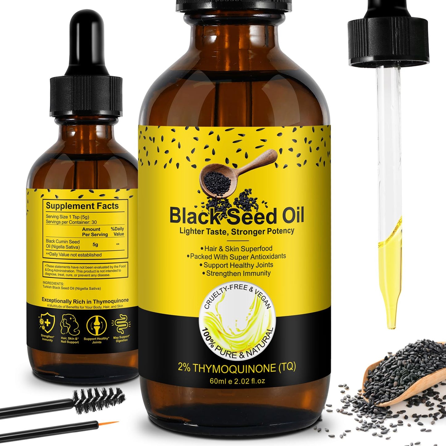 Black Seed Oil Organic Cold Pressed, 100% Pure and Natural Liquid, Enriched with High TQ & Dynamic Harmony of Omegas 3 6 9, Hair Growth, Skin Cares, Nourishes and Hydrates Hair