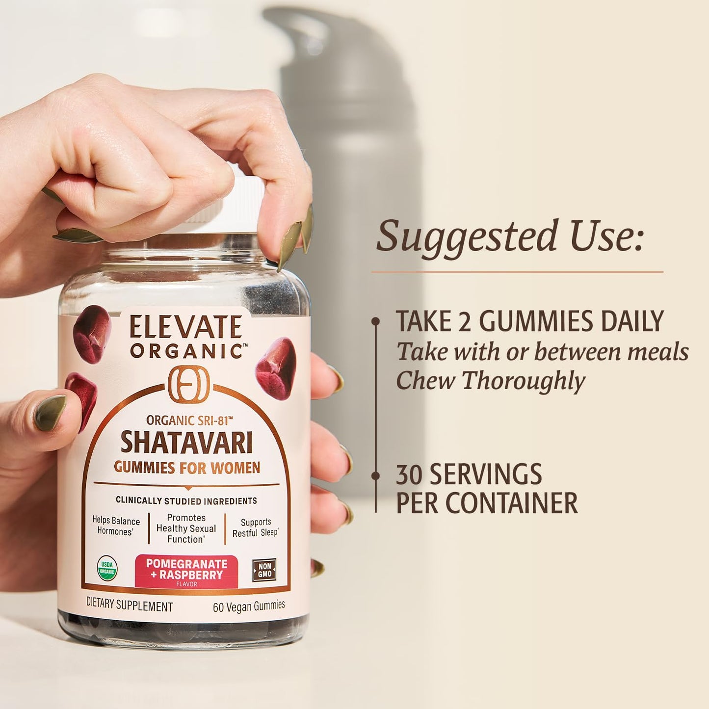 ELEVATE ORGANIC SRI-81™ Shatavari Vegan Capsules for Women, Asparagus racemosus Root Extract with Acti Veda™ (30 Servings)