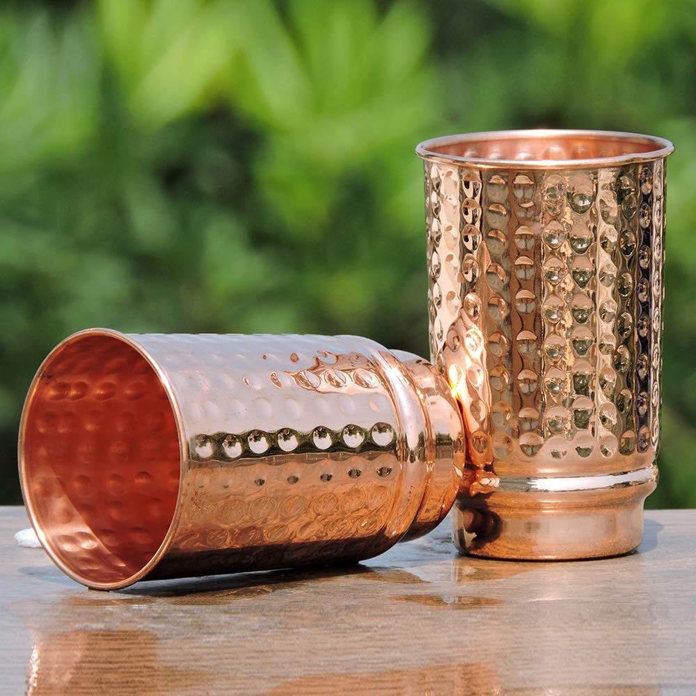 HealthGoodsIn Pure Copper Cups Set of 2 - Hammered Copper Tumblers and Copper Cups for water 11.8 oz (350 mL), Ayurvedic Copper Cups for Daily Use