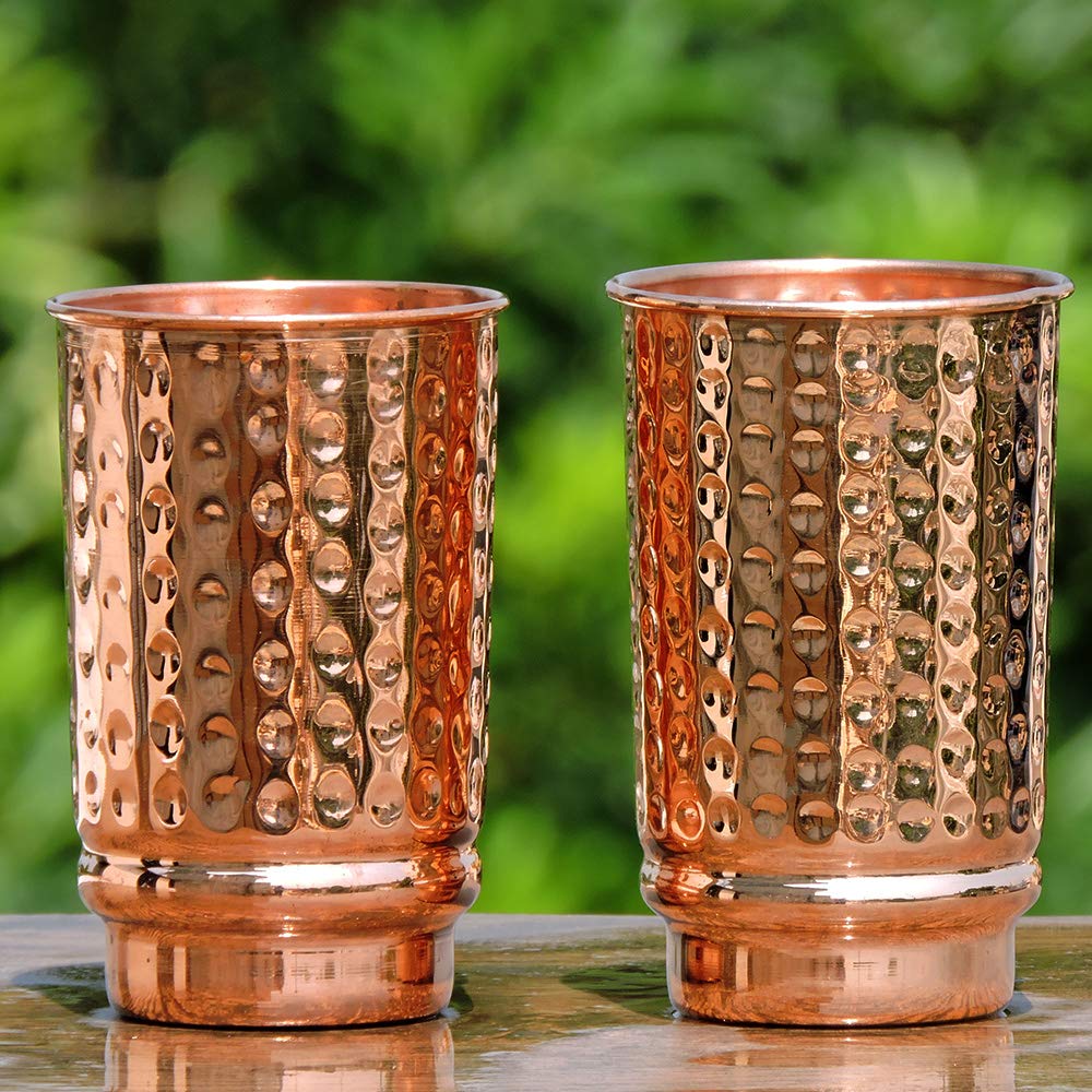 HealthGoodsIn Pure Copper Cups Set of 2 - Hammered Copper Tumblers and Copper Cups for water 11.8 oz (350 mL), Ayurvedic Copper Cups for Daily Use