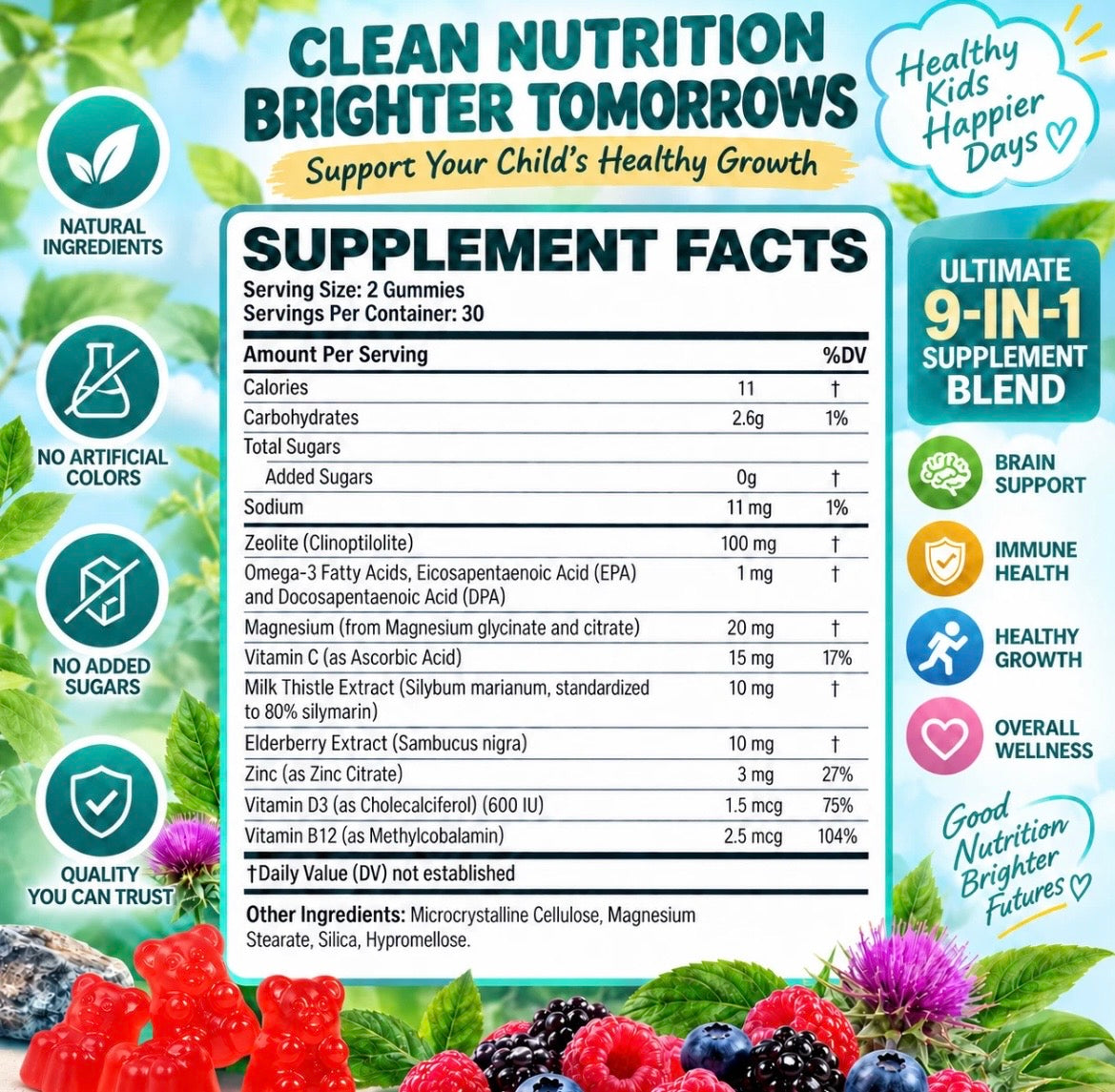Zeolite Kids Detox Gummies - With Vitamin C+Zinc+D3+B12, Immune & Brain Support