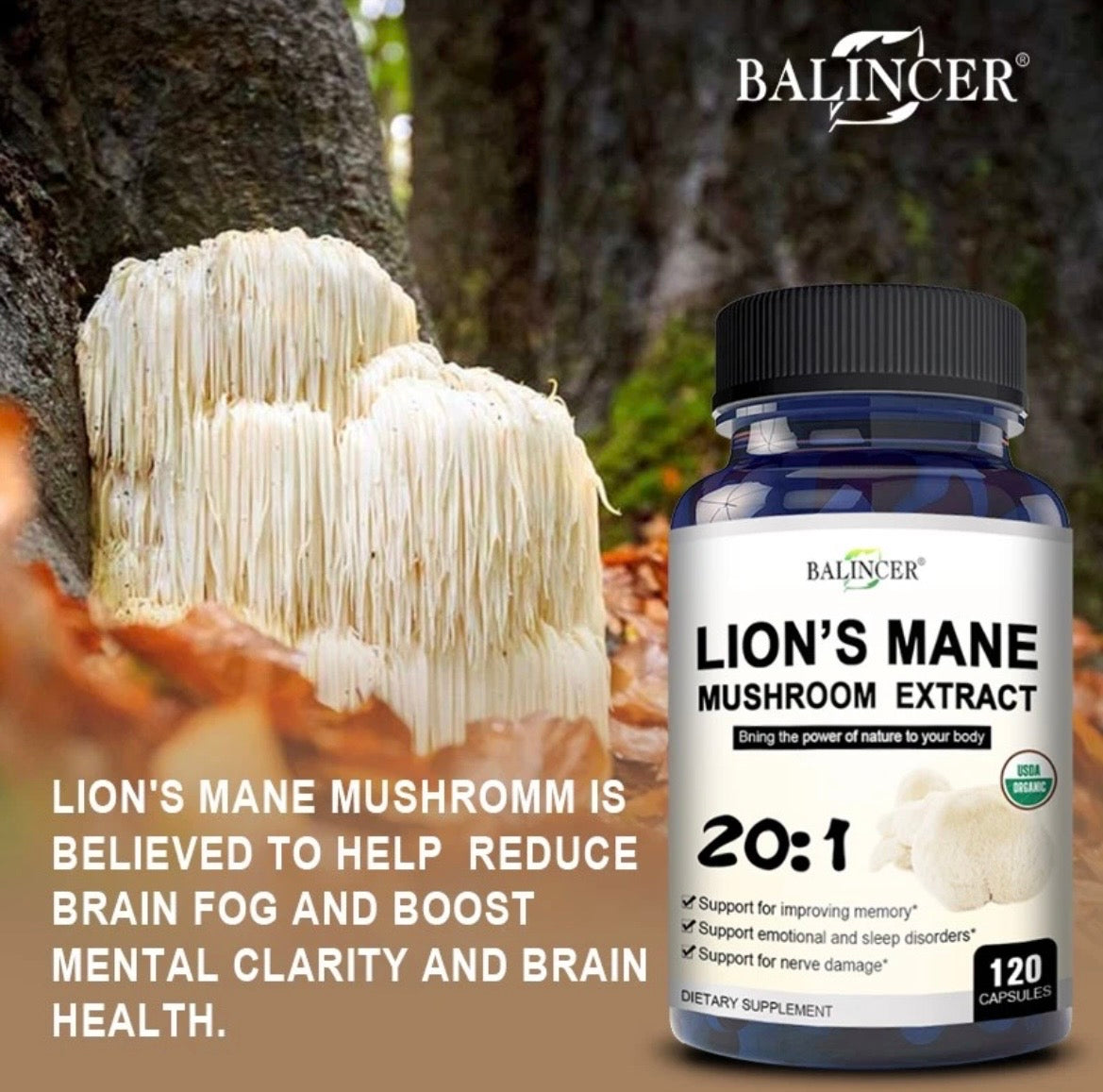 Organic Lion's Mane Capsules | Pure Lion's Mane 20:1 Strength Extract Regenerates Damaged Neurons Reduces Brain Fog & Decalcifies & Activates the Pineal Gland.