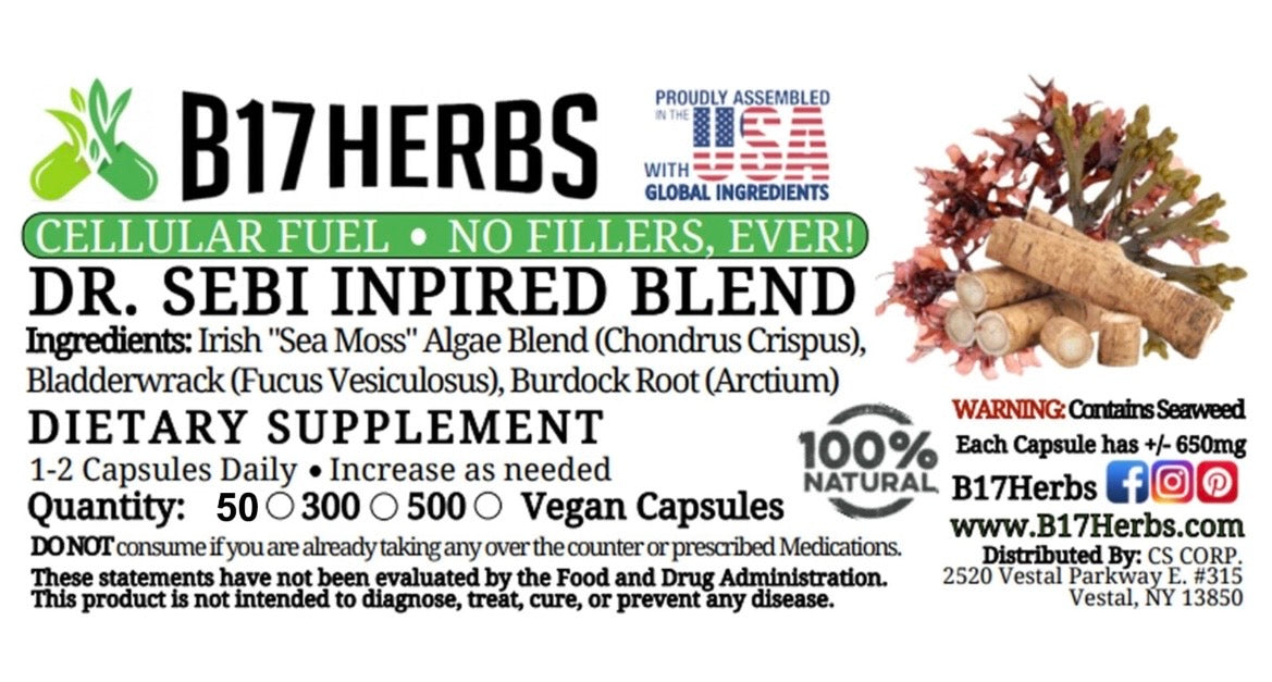 Dr Sebi Inspired Blend - Irish Moss | Bladderwrack | Burdock Root Antioxidant, Energy Support, Endurance, 50 Veg. Caps