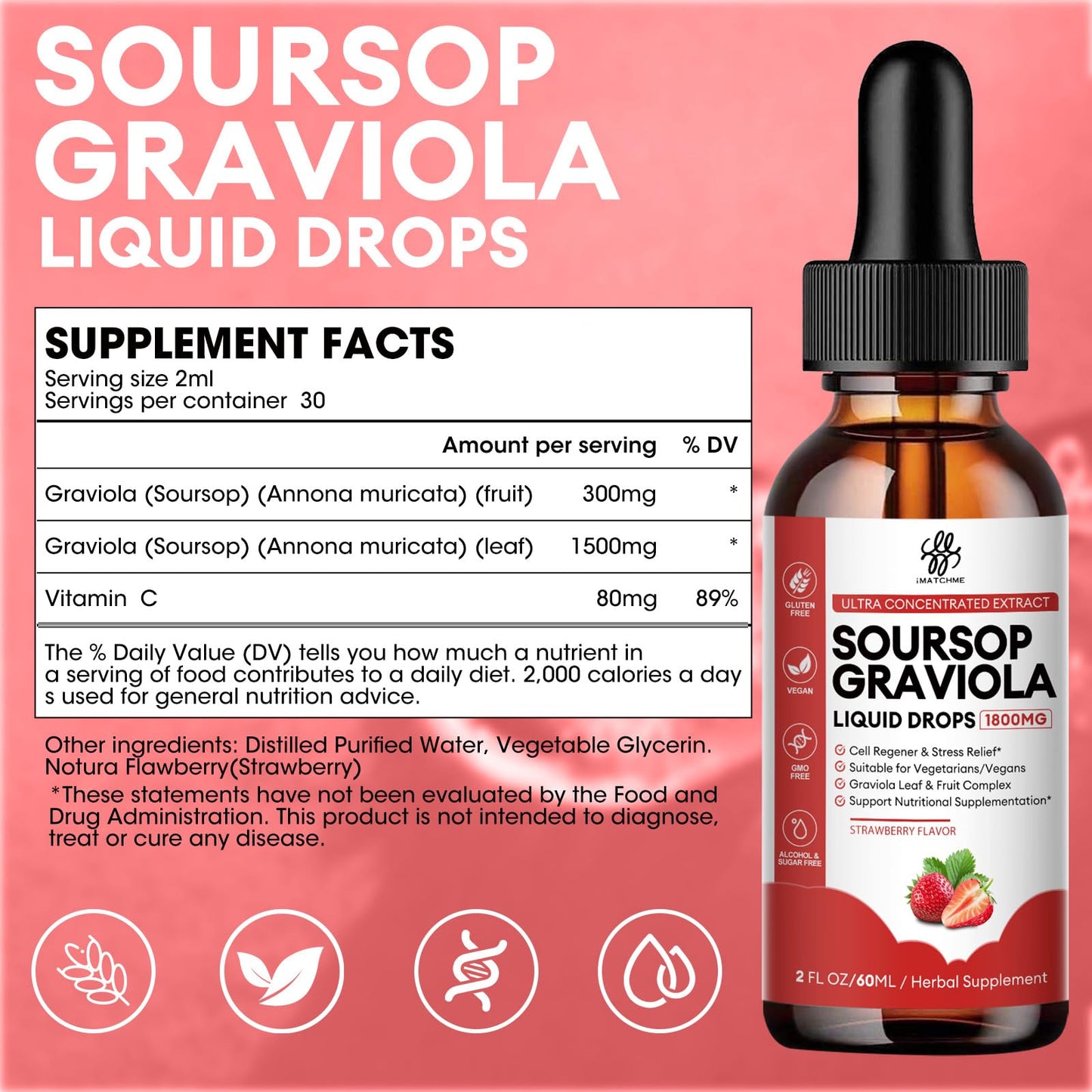 iMATCHME Soursop Graviola Liquid Drop for Cell Support & Regeneration, Immune Boost, Relax, Liver and Sleep, Soursop Bitters Liquid, Herbal Goodness, Sugar/Gluten Free, Natural Flavor, 2 Fl Oz