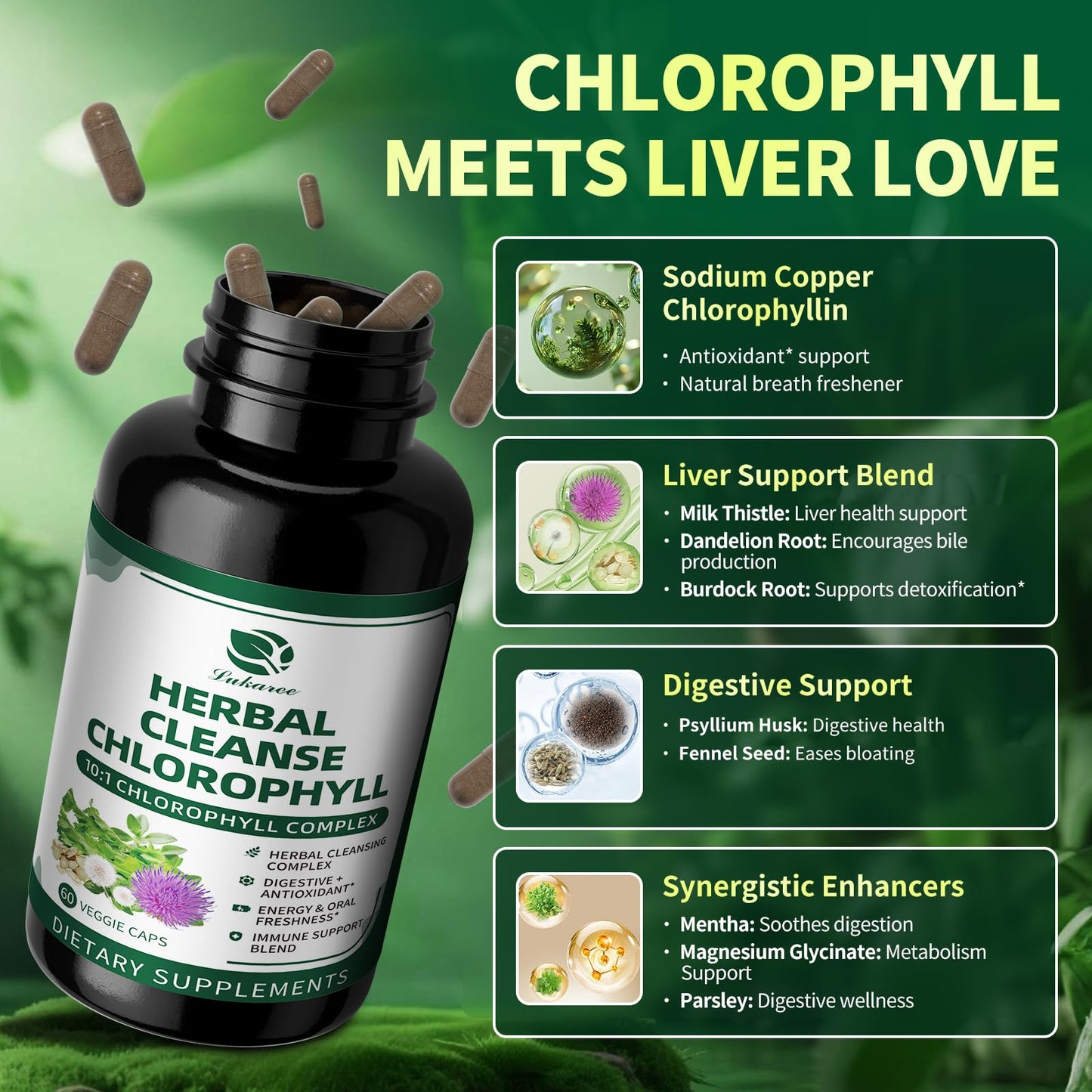 Lukaree Chlorophyll Liquid Drops & Capsules Combo, Dual Action Support for Cleansing, Energy & Oral Freshness, Immune Support, Internal Deodorant, Skin & Gut Health, Vegan, Sugar-Free, 2Oz + 120 Caps