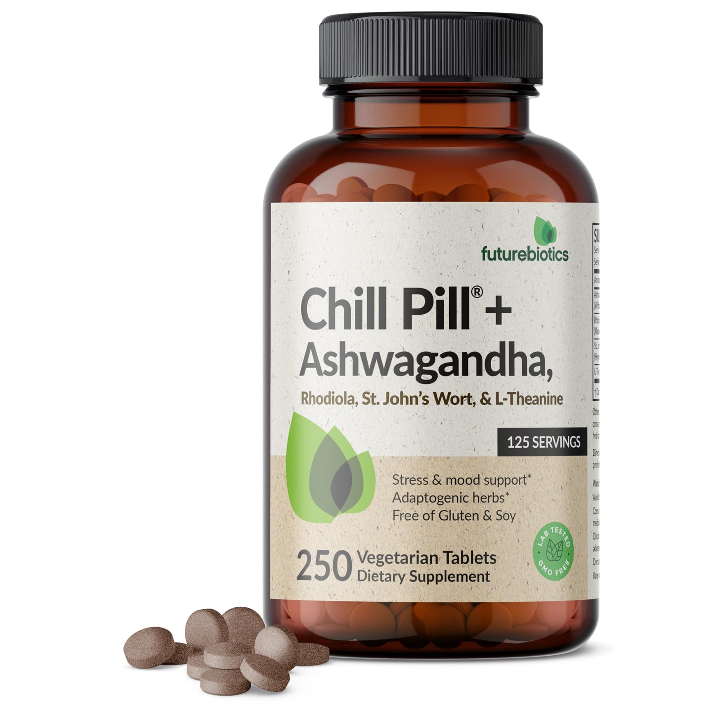 Futurebiotics Chill Pill + Ashwagandha, Rhodiola, St. John’s Wort, & L-Theanine 2000 MG per Serving - Non-GMO, 120 Vegetarian Tablets