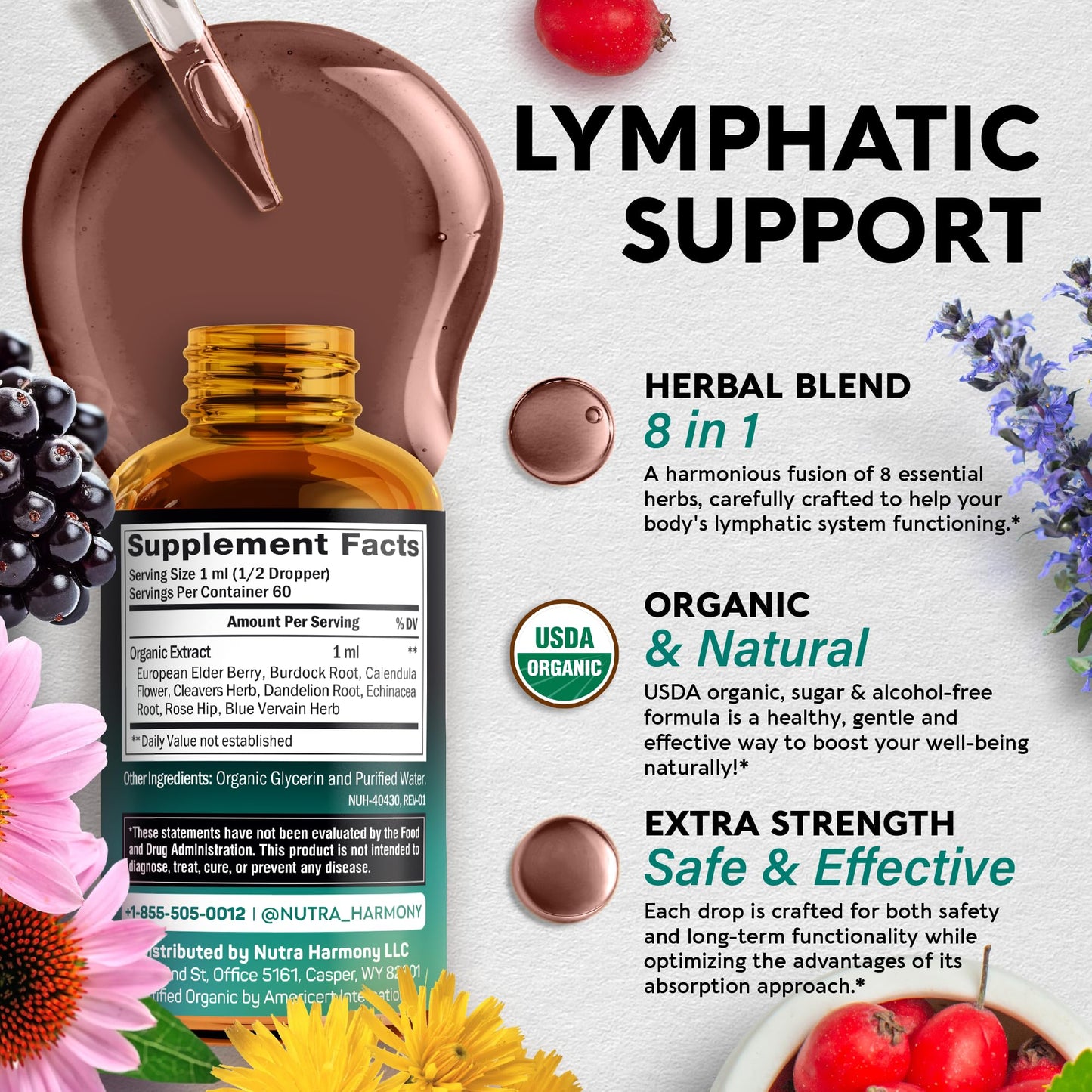 Organic Lymphatic Drainage Drops - Lymph Detox Supplement, 2 fl - 8-in-1 Herbs as Echinacea, Dandelion - Made in USA - Immune System Support & Cleanse -