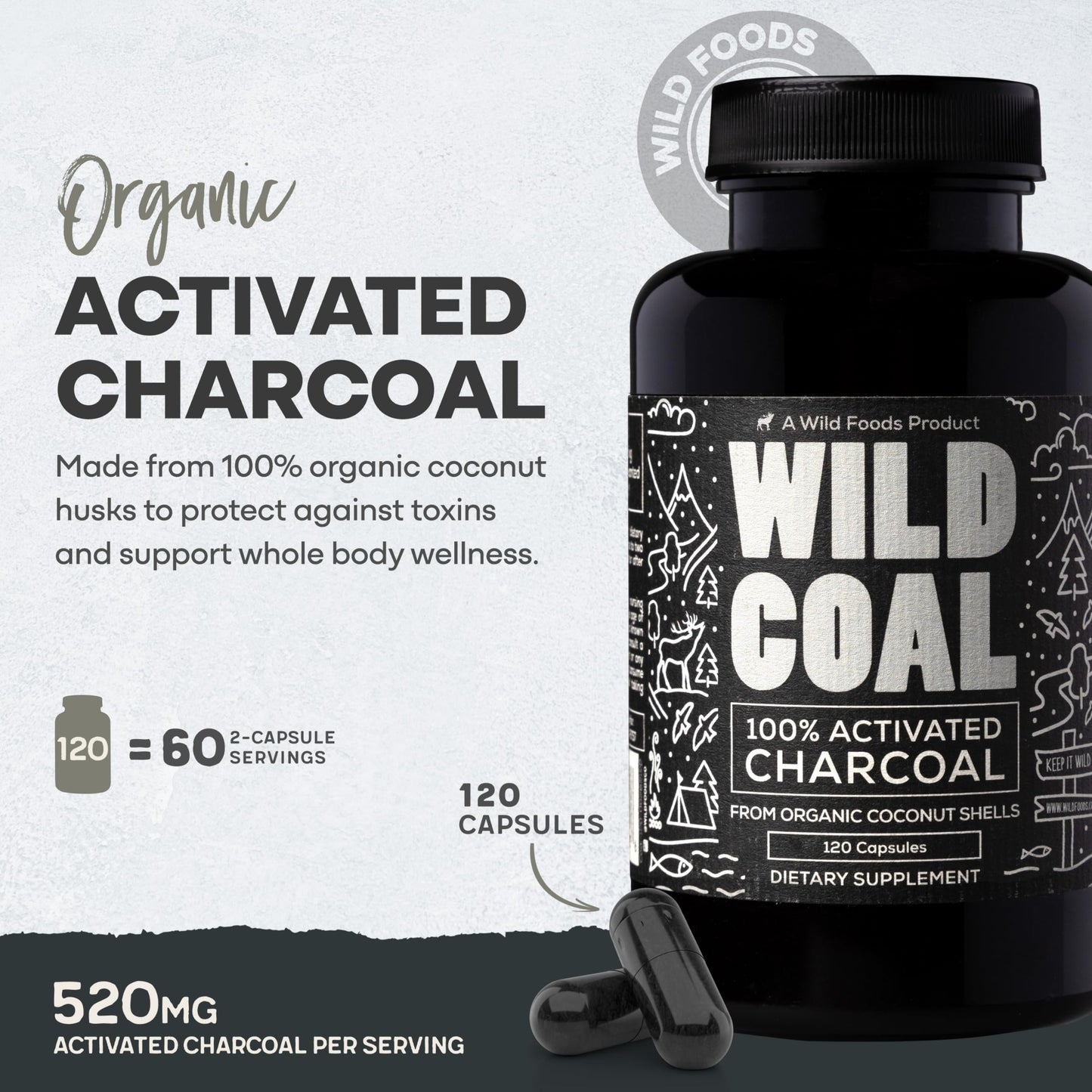 Wild Foods Activated Charcoal Capsules | 100% Organic Coconut Shells Active Tablets for Bloating & Hangover | Lab Tested & Non-GMO Detox Pills | Made in USA (120 Capsules)