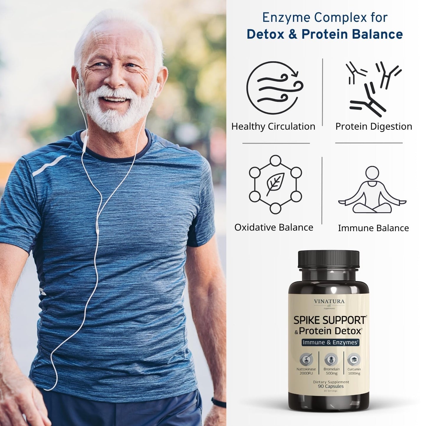 VINATURA Spike Protein Detox - Curcumin 1000 mg, Bromelain 500 mg, Nattokinase 2000 FU - Enzyme Complex for Detox & Protein Balance, Ultimate Spike Support Supplement - 90 Capsules