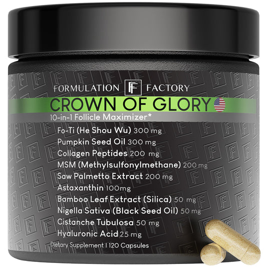 Formulation Factory Crown of Glory 10-in-1 Hair Growth Products - DHT Blocker for Men & Women with Pumpkin Seed Oil - Hair Vitamins for Faster Growth & Thickness - 120 Capsules, 2 Month Supply