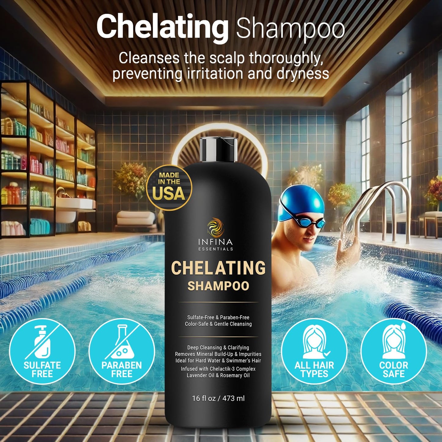 INFINA ESSENTIALS Remove Toxic Metals From Hair Chelating Hard Water Shampoo with Chelactik-3 & Rosemary Oil - Color Safe Metal Detox Shampoo for Build-Up & Swimmers Hair - 16 fl oz