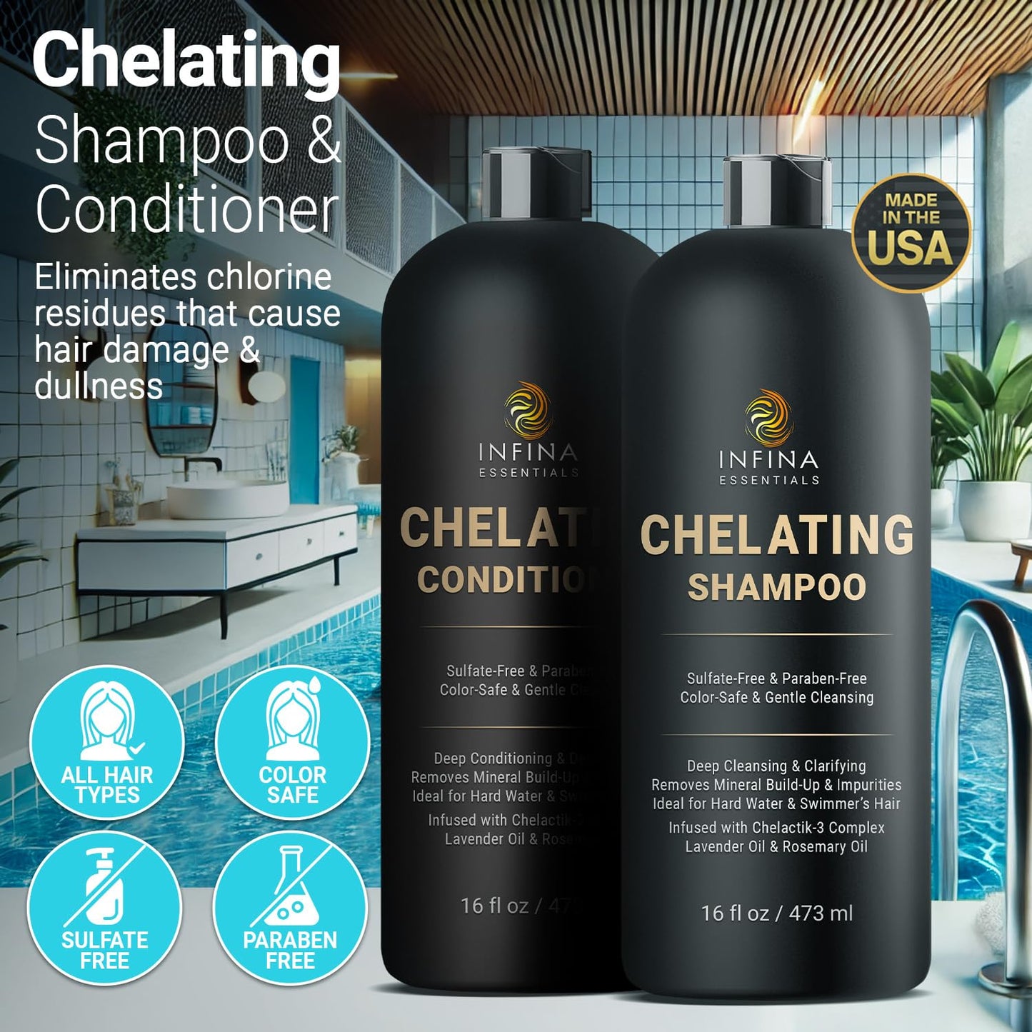 INFINA ESSENTIALS Remove Toxic Metals From Hair Chelating Hard Water Shampoo with Chelactik-3 & Rosemary Oil - Color Safe Metal Detox Shampoo for Build-Up & Swimmers Hair - 16 fl oz