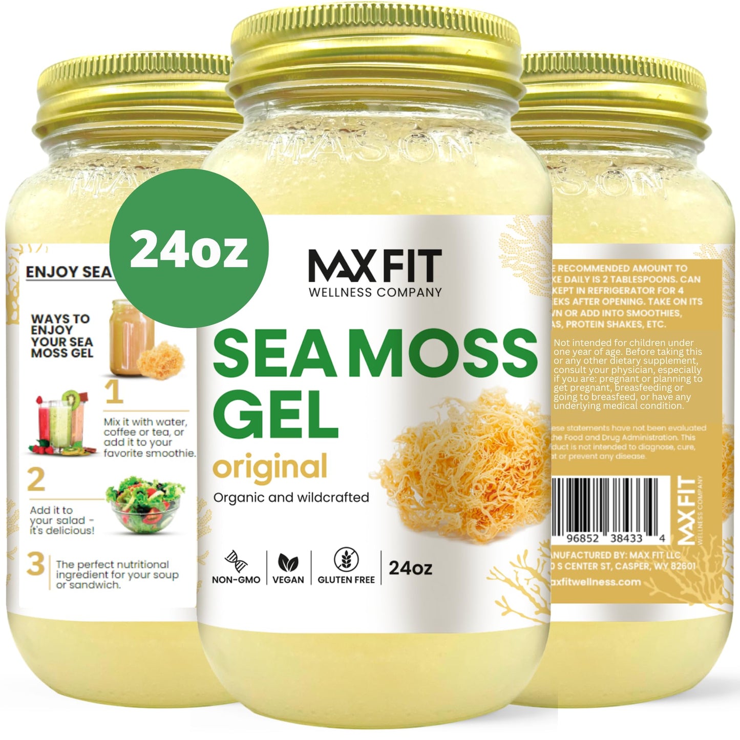 Sea Moss Gel Organic Raw (12 Flavors) 24oz Wildсrafted Gold Sea Moss Gel from Saint Lucia | 92 Vitamins and Minerals | Pure Raw+Non-GMO | Vegan Superfood