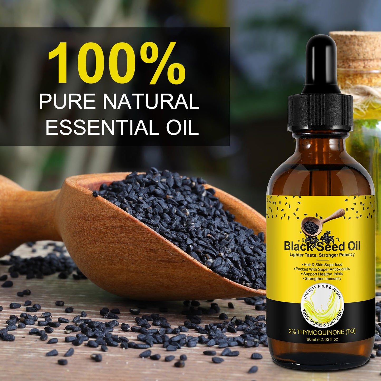 Black Seed Oil Organic Cold Pressed, 100% Pure and Natural Liquid, Enriched with High TQ & Dynamic Harmony of Omegas 3 6 9, Hair Growth, Skin Cares, Nourishes and Hydrates Hair