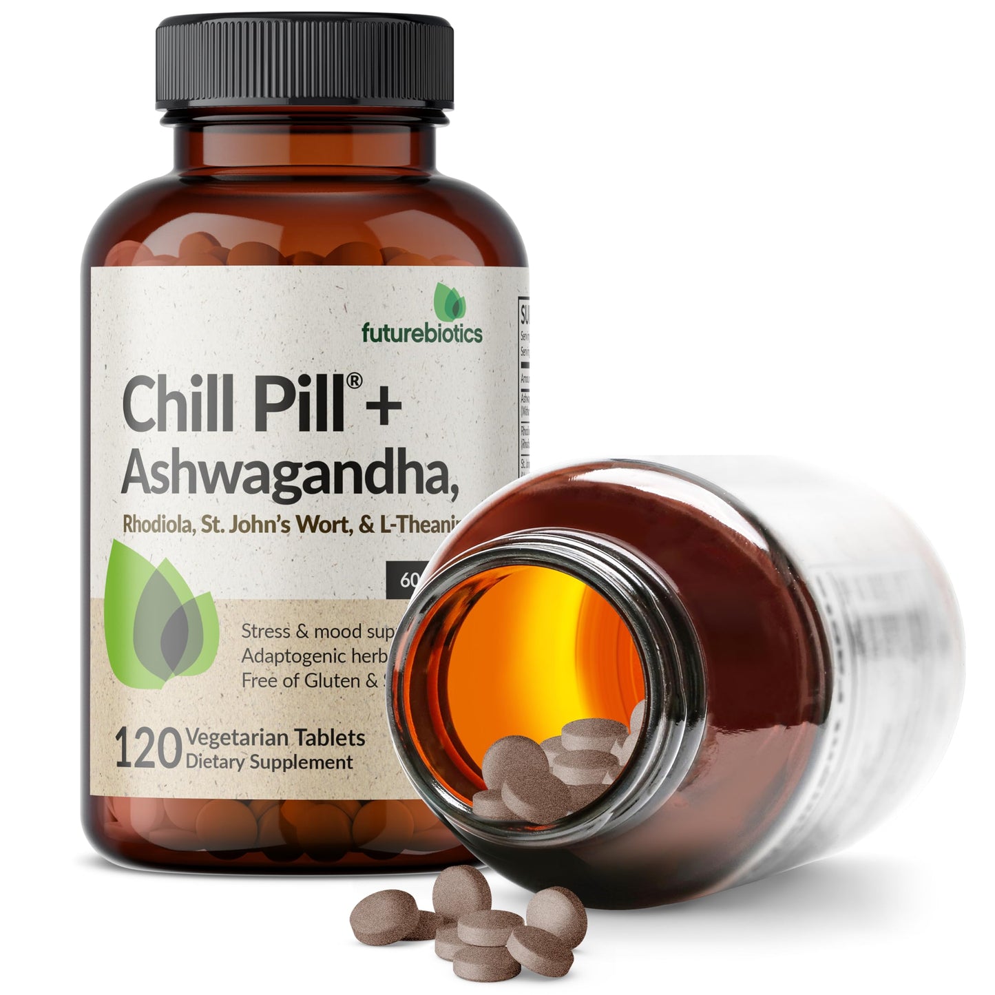 Futurebiotics Chill Pill + Ashwagandha, Rhodiola, St. John’s Wort, & L-Theanine 2000 MG per Serving - Non-GMO, 120 Vegetarian Tablets