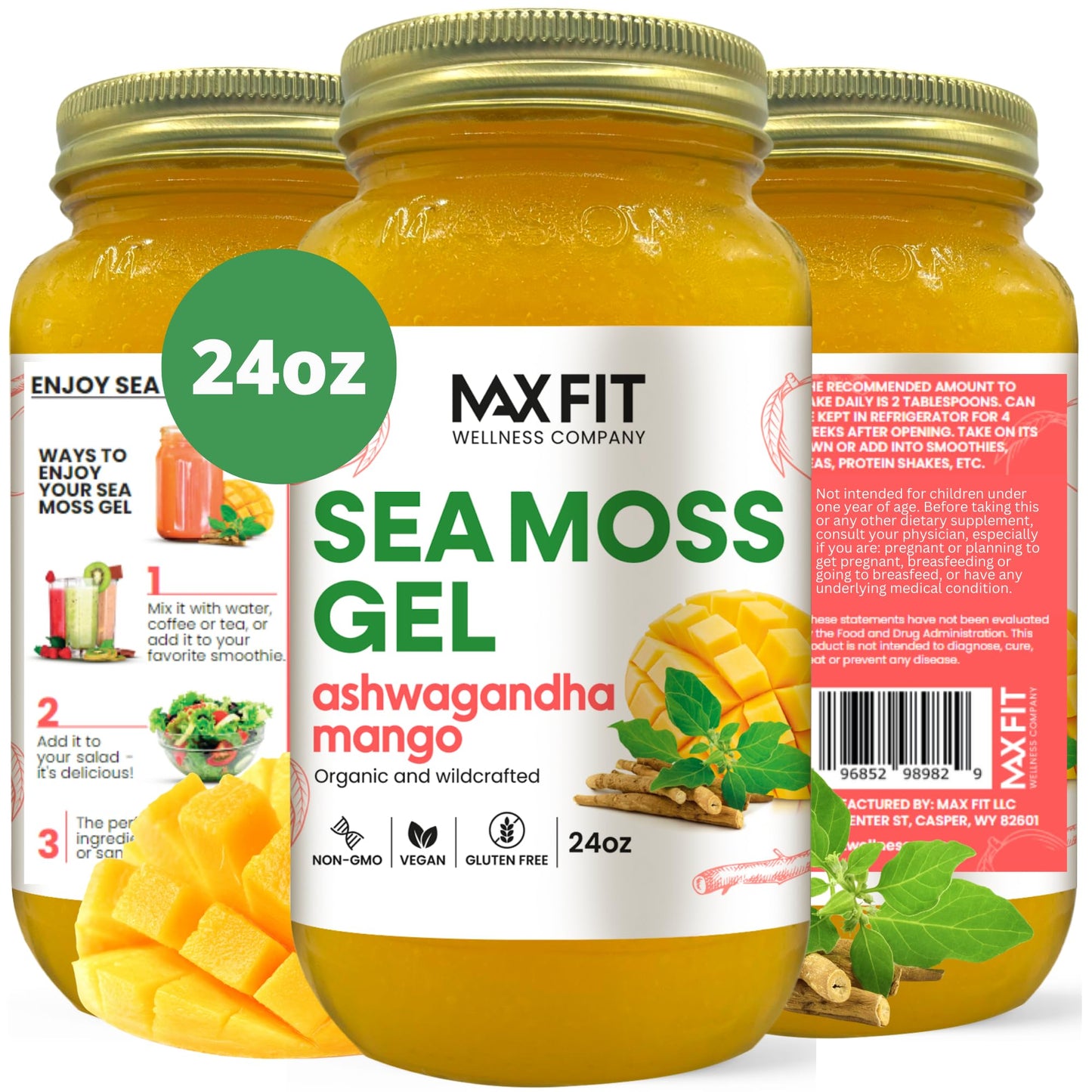 Sea Moss Gel Organic Raw (12 Flavors) 24oz Wildсrafted Gold Sea Moss Gel from Saint Lucia | 92 Vitamins and Minerals | Pure Raw+Non-GMO | Vegan Superfood
