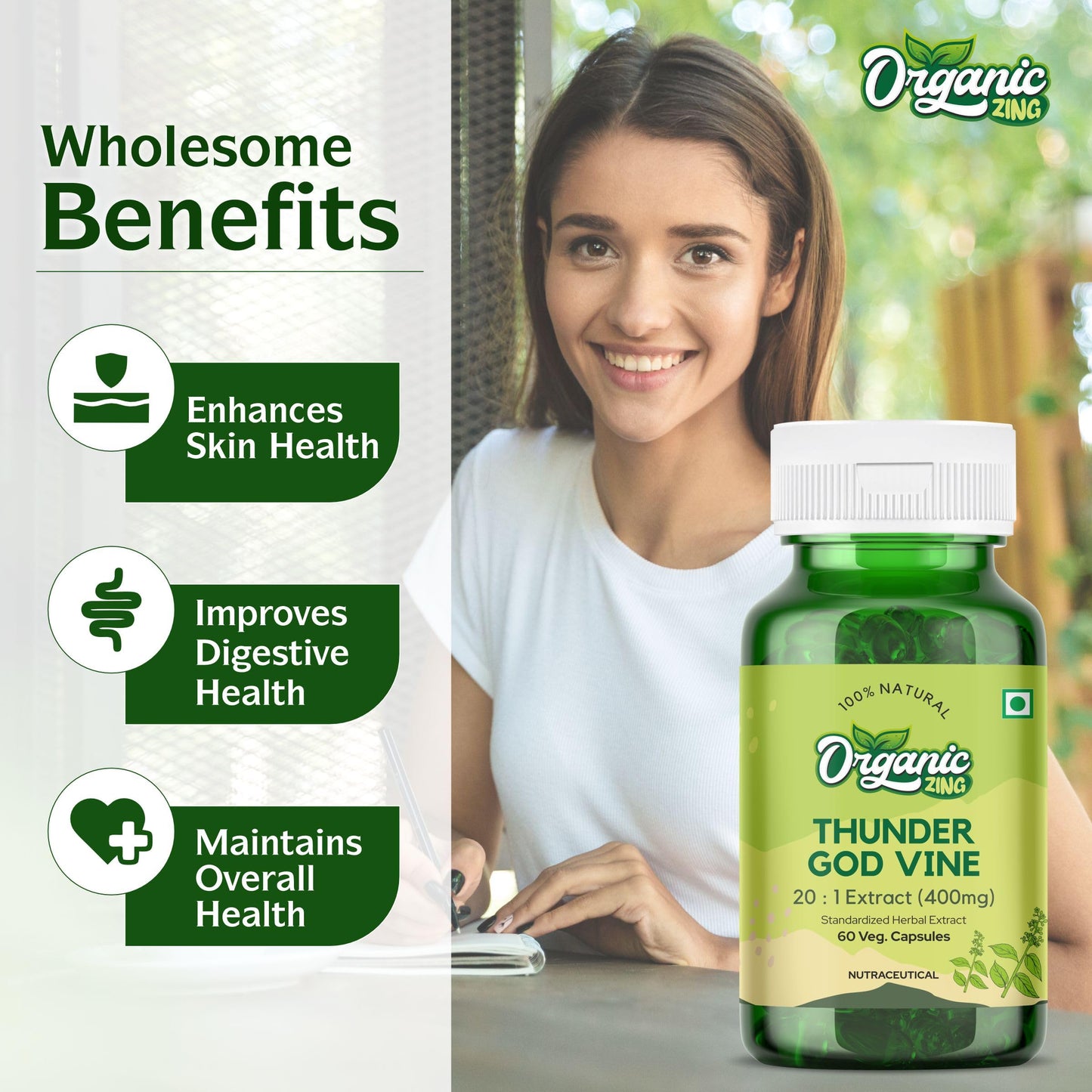 ORGANIC ZING Thunder God Vine Extract - Pure, Vegan, Gluten-Free - 60 Capsules, 400mg