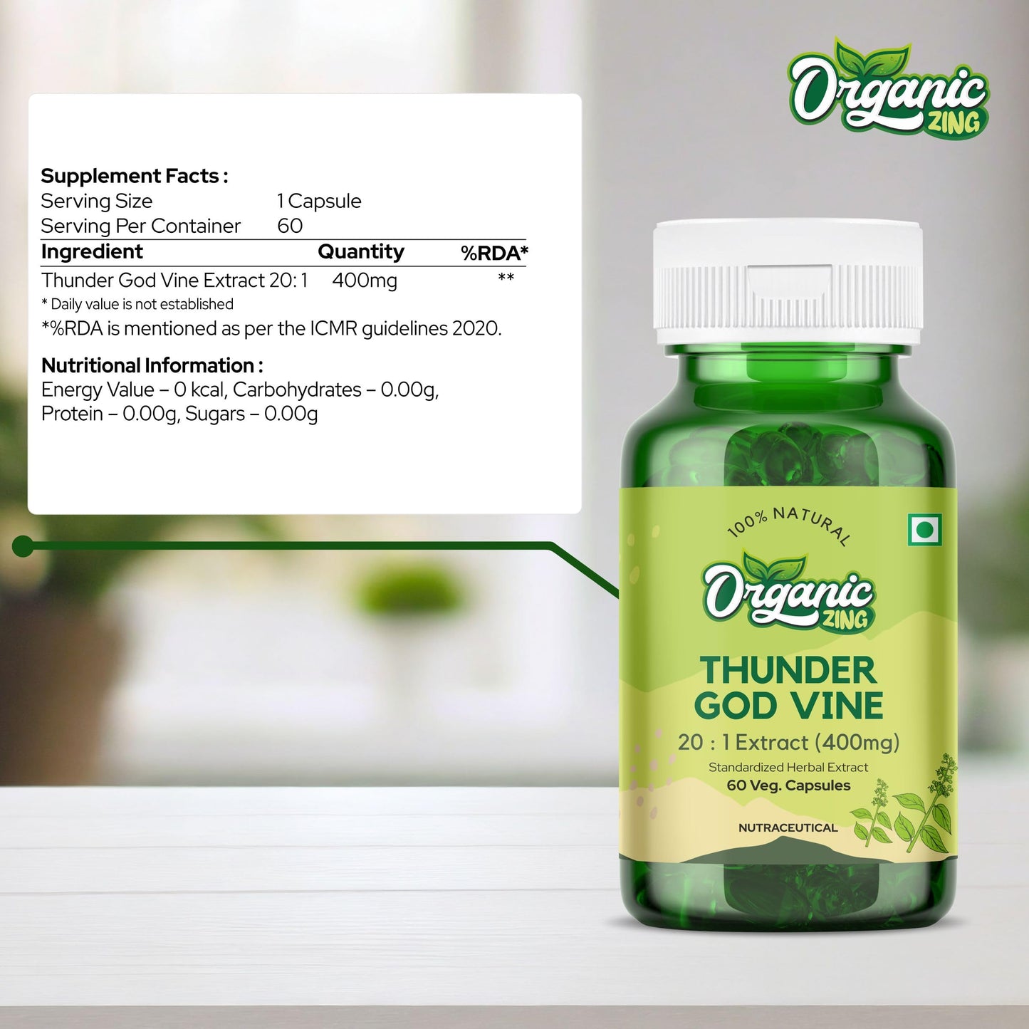 ORGANIC ZING Thunder God Vine Extract - Pure, Vegan, Gluten-Free - 60 Capsules, 400mg
