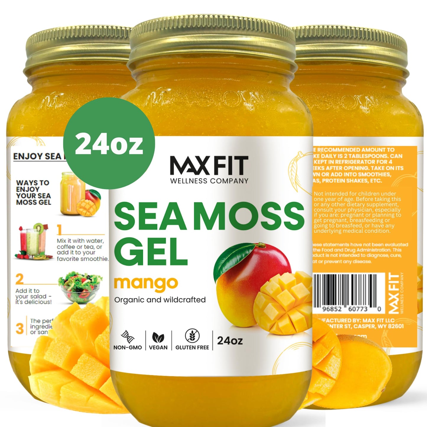 Sea Moss Gel Organic Raw (12 Flavors) 24oz Wildсrafted Gold Sea Moss Gel from Saint Lucia | 92 Vitamins and Minerals | Pure Raw+Non-GMO | Vegan Superfood