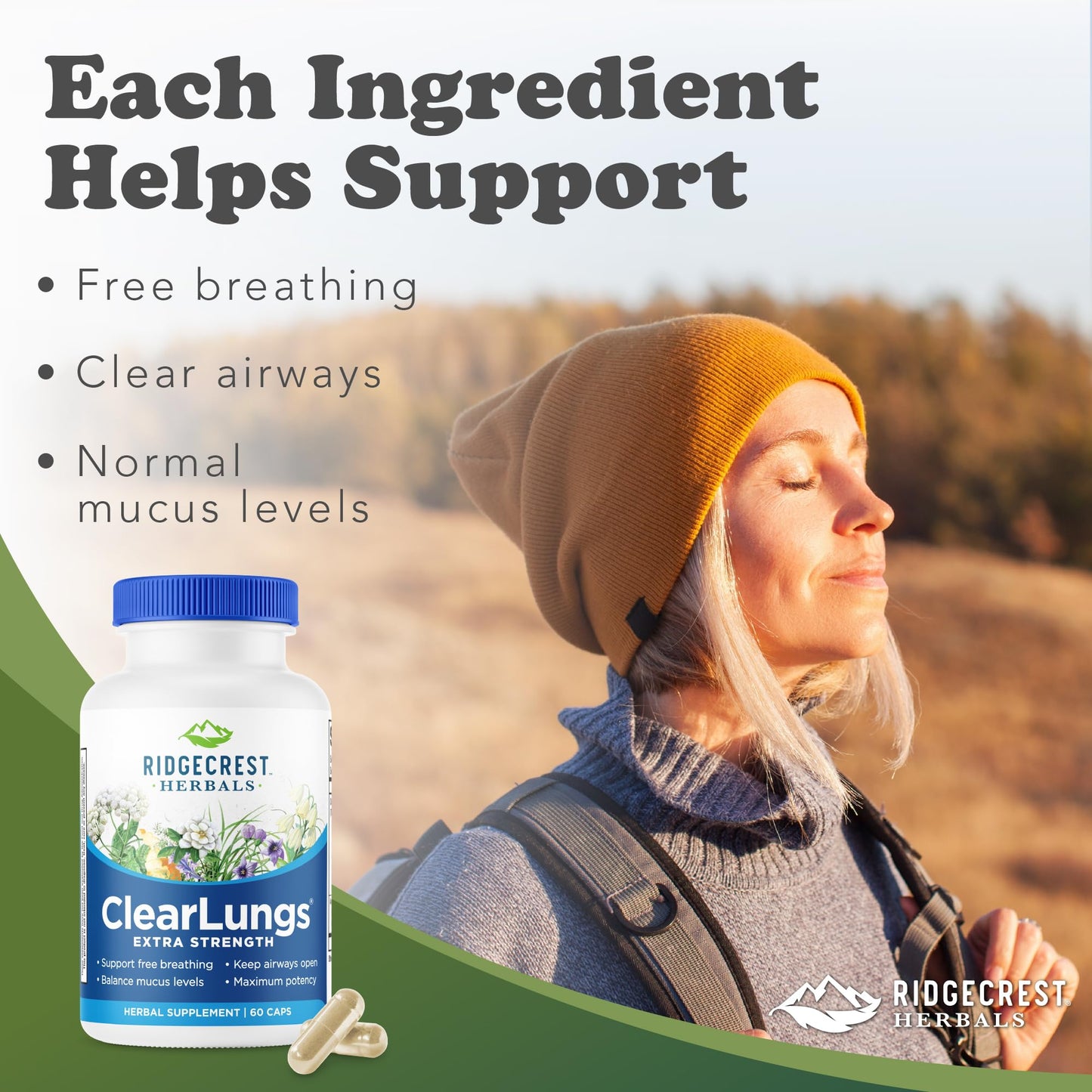 RidgeCrest Herbals ClearLungs Extra Strength, Natural Lung, Nasal Health Formula, Bronchial, Respiratory, Sinus, Mucus Support (60 Caps, 30 Serv)