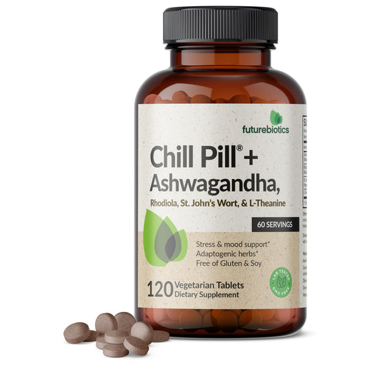 Futurebiotics Chill Pill + Ashwagandha, Rhodiola, St. John’s Wort, & L-Theanine 2000 MG per Serving - Non-GMO, 120 Vegetarian Tablets