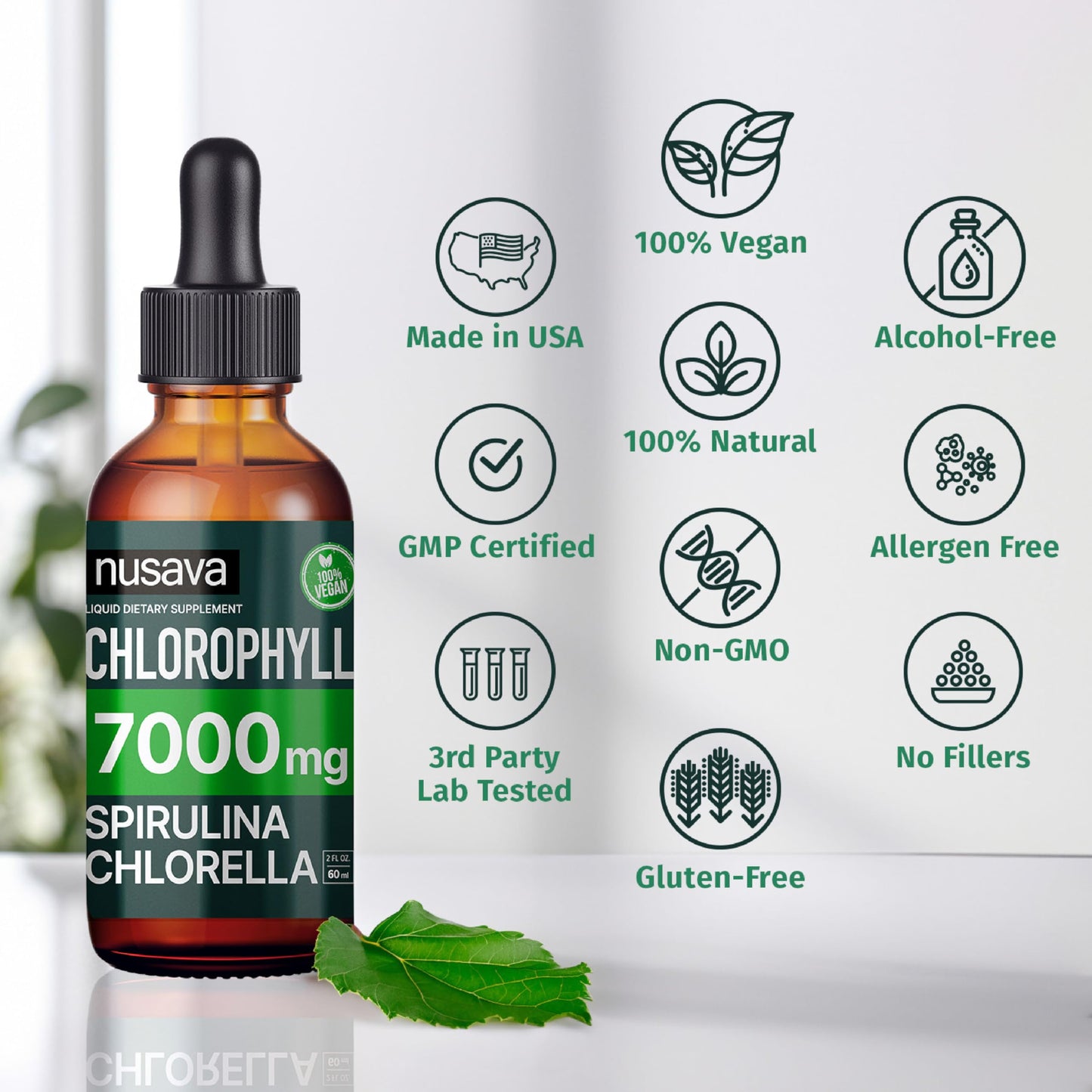 (2 Pack) Vegan Chlorophyll Liquid Drops 7000mg for Immune Support, Energy, Gut & Skin Health, 4-in-1 Liquid Chlorophyll Drops - 100mg, Spirulina, Chlorella, & Copper - Internal Deodorant, 4 Fl Oz Not Available in UK 🇬🇧