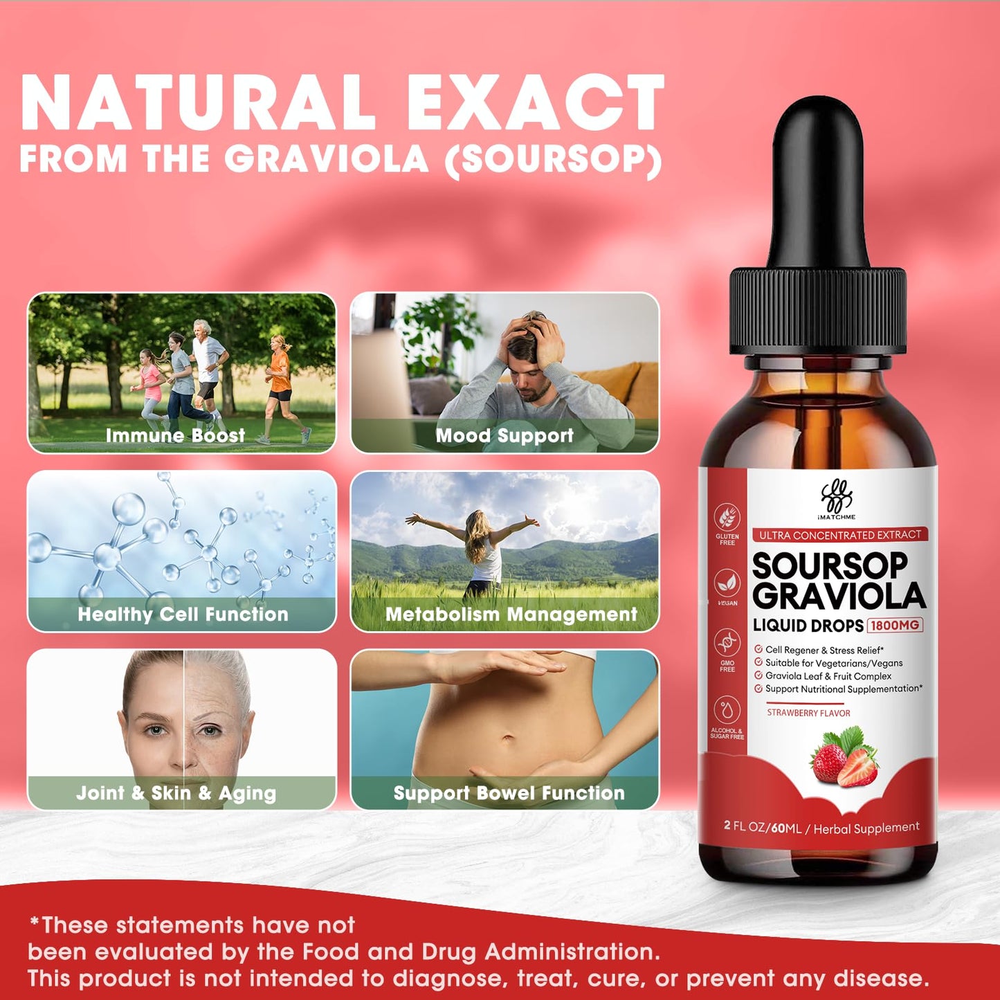 iMATCHME Soursop Graviola Liquid Drop for Cell Support & Regeneration, Immune Boost, Relax, Liver and Sleep, Soursop Bitters Liquid, Herbal Goodness, Sugar/Gluten Free, Natural Flavor, 2 Fl Oz